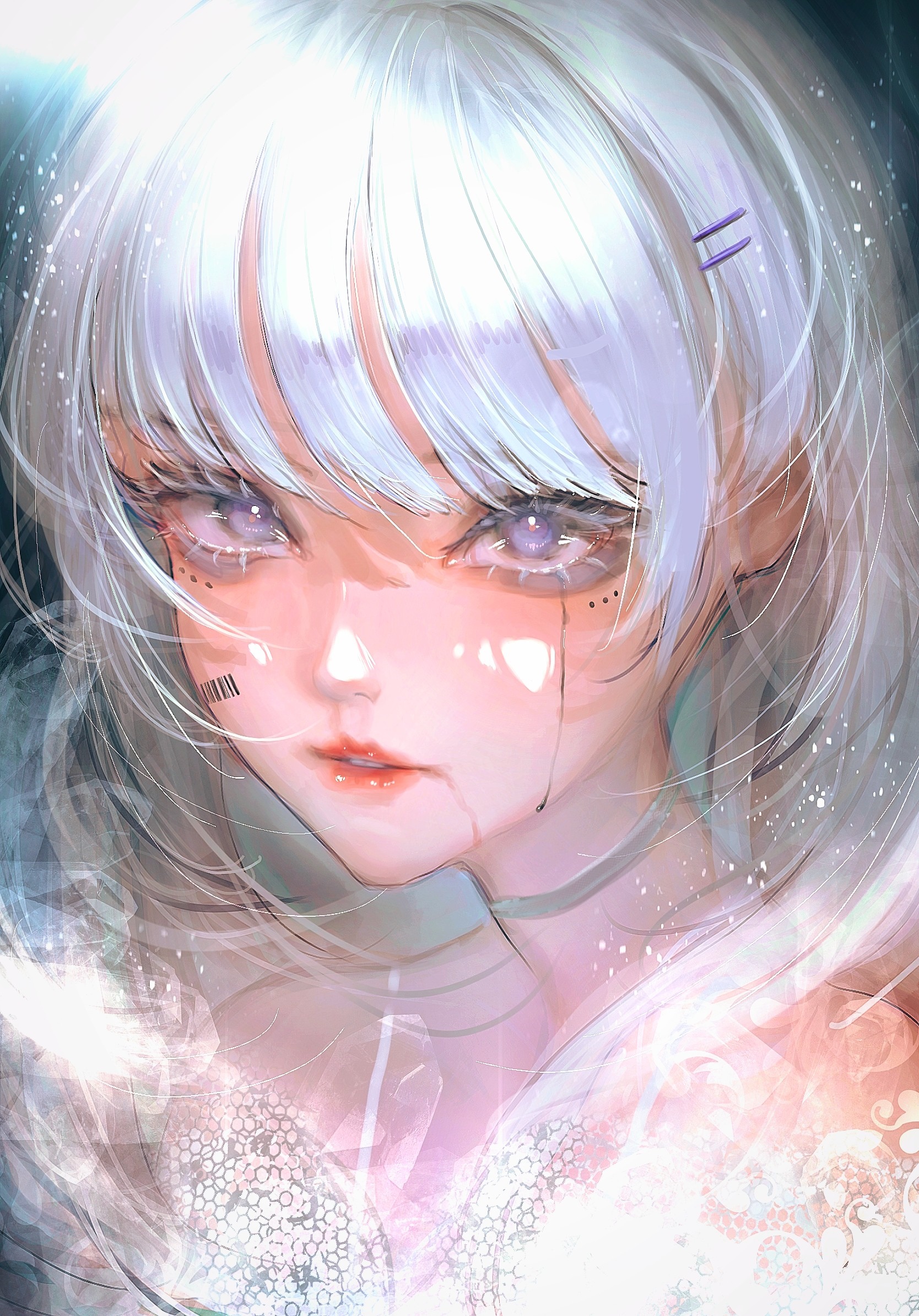 Artwork of a crying woman with a barcode tattoo HD Phone Wallpaper