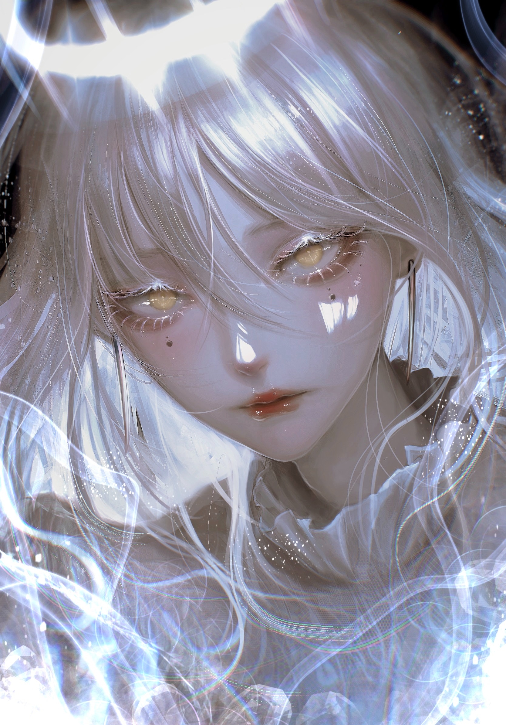 Woman with white hair and yellow eyes HD Phone Wallpaper