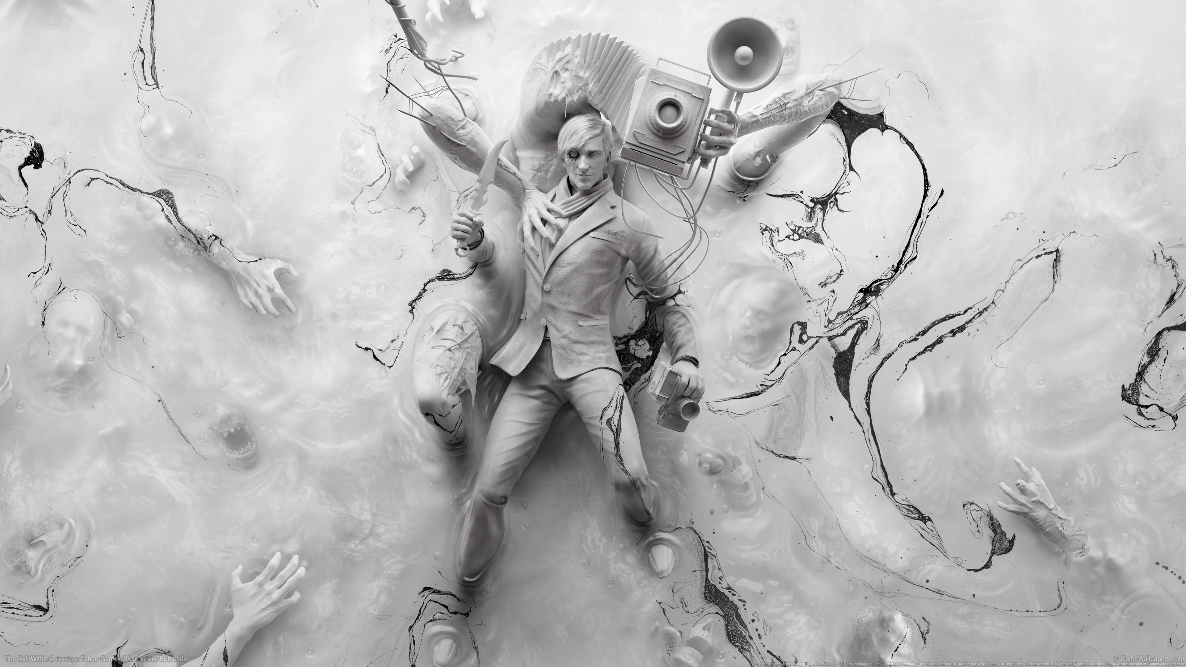 The Evil Within 2 4K: Sebastian Castellanos with Camera and Knife HD Wallpaper