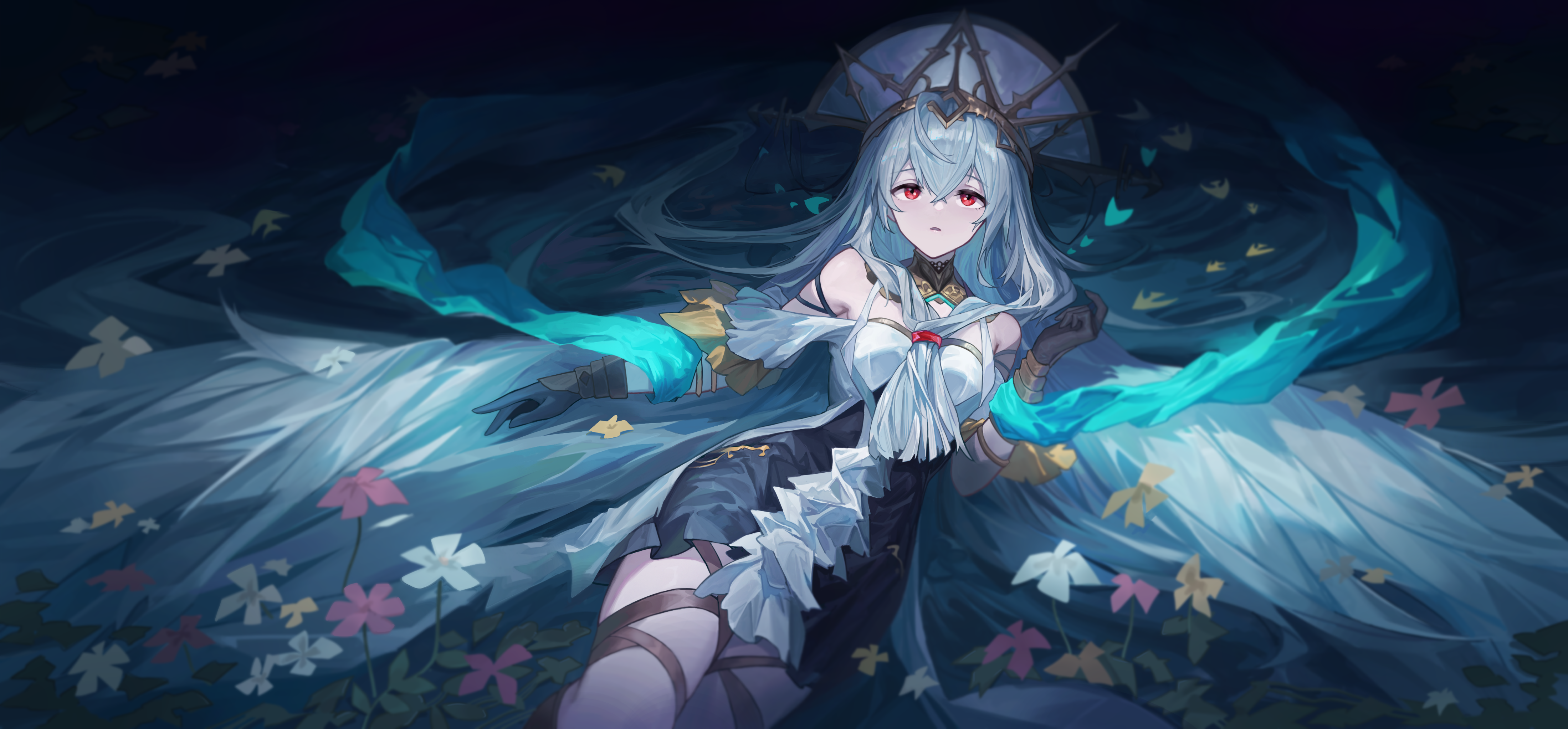 4K Skadi with blue hair and red eyes HD Wallpaper