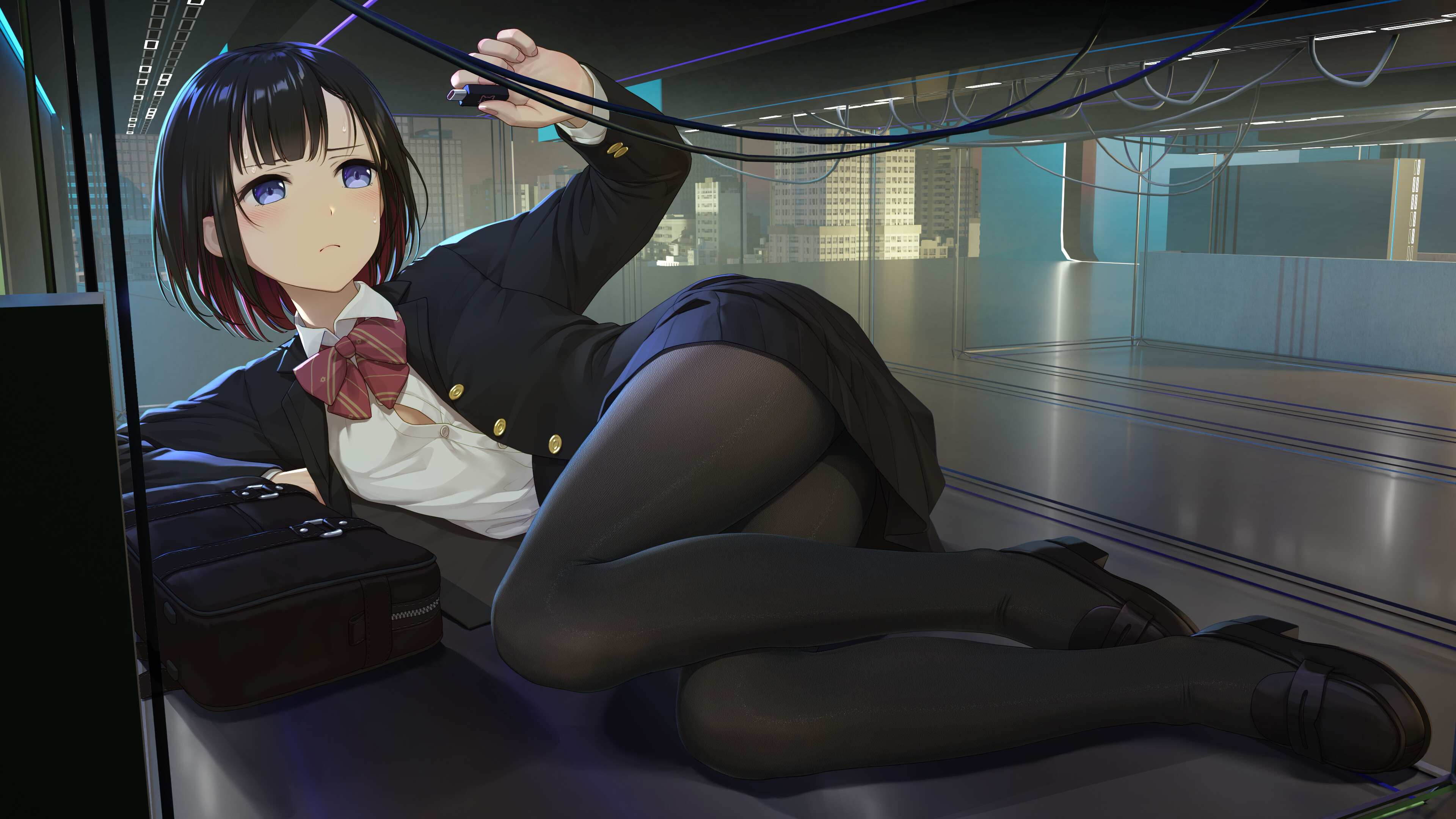 4K Schoolgirl with Blue Eyes Lying Down HD Wallpaper