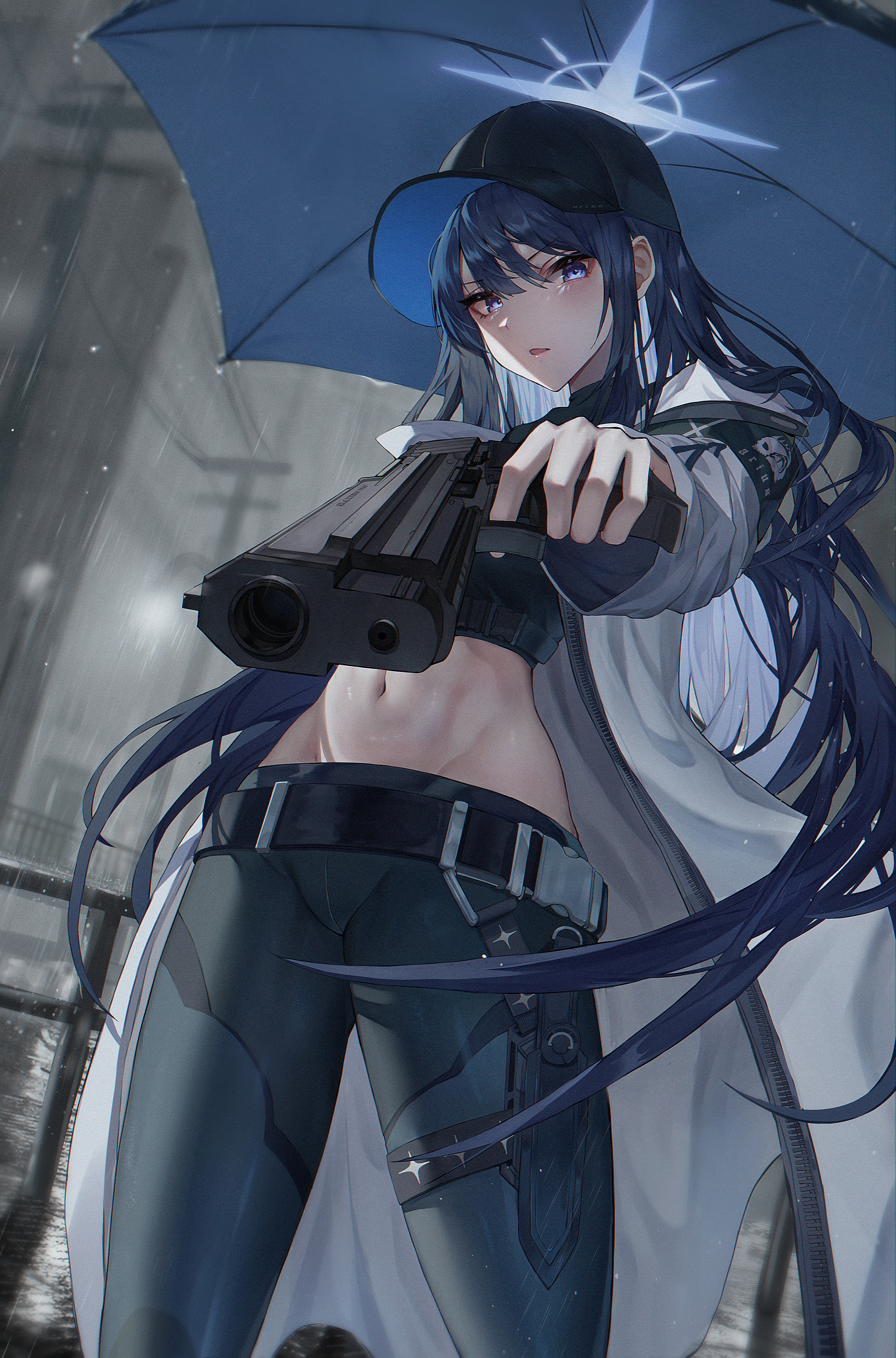 Saori from Blue Archive holding a gun in the rain HD Phone Wallpaper