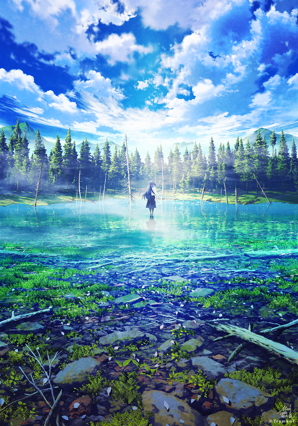 Girl with blue hair in a clear lake with trees and mountains HD Phone Wallpaper