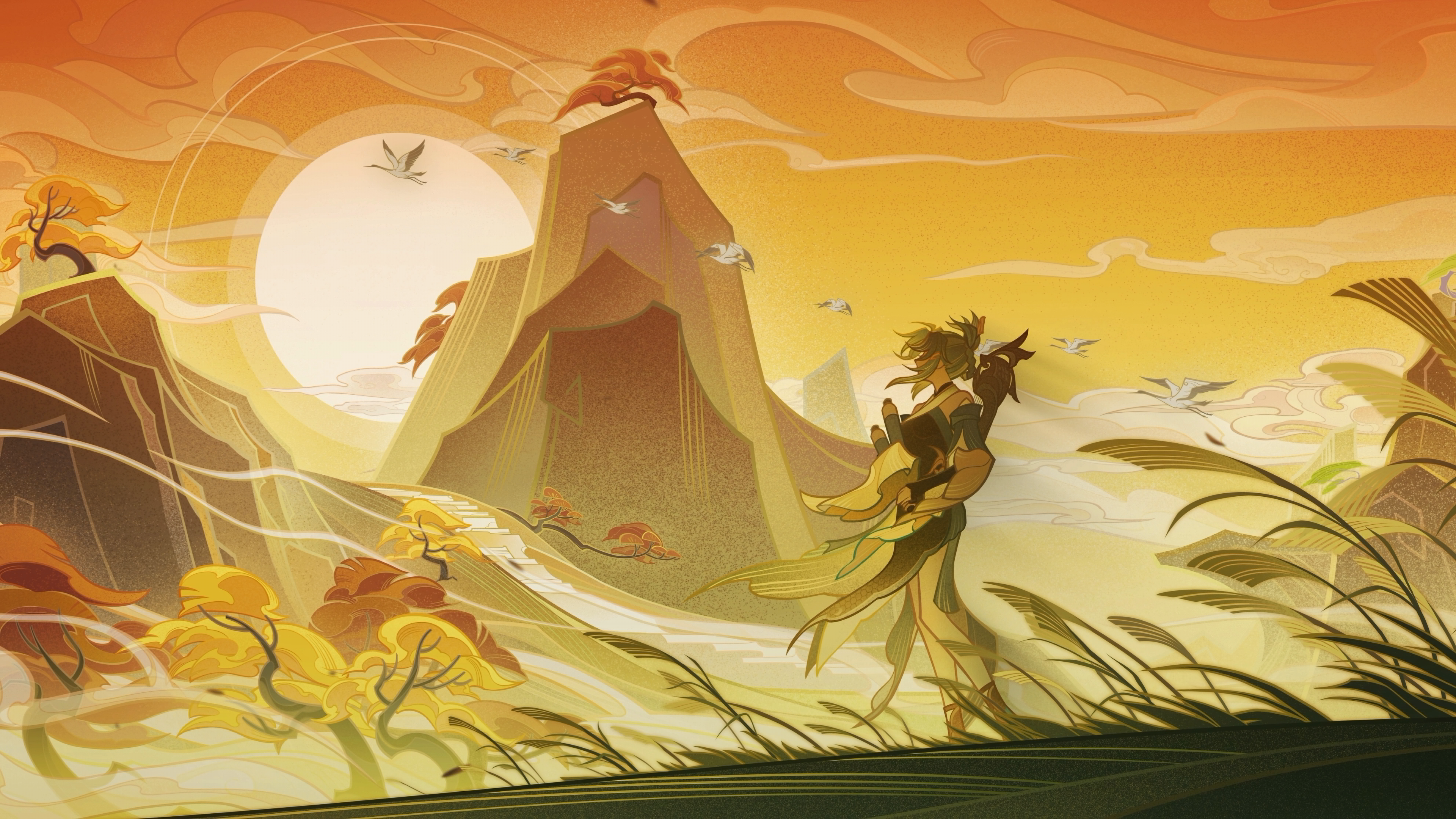 4K Genshin Impact Madame Ping with Cranes and Mountains HD Wallpaper