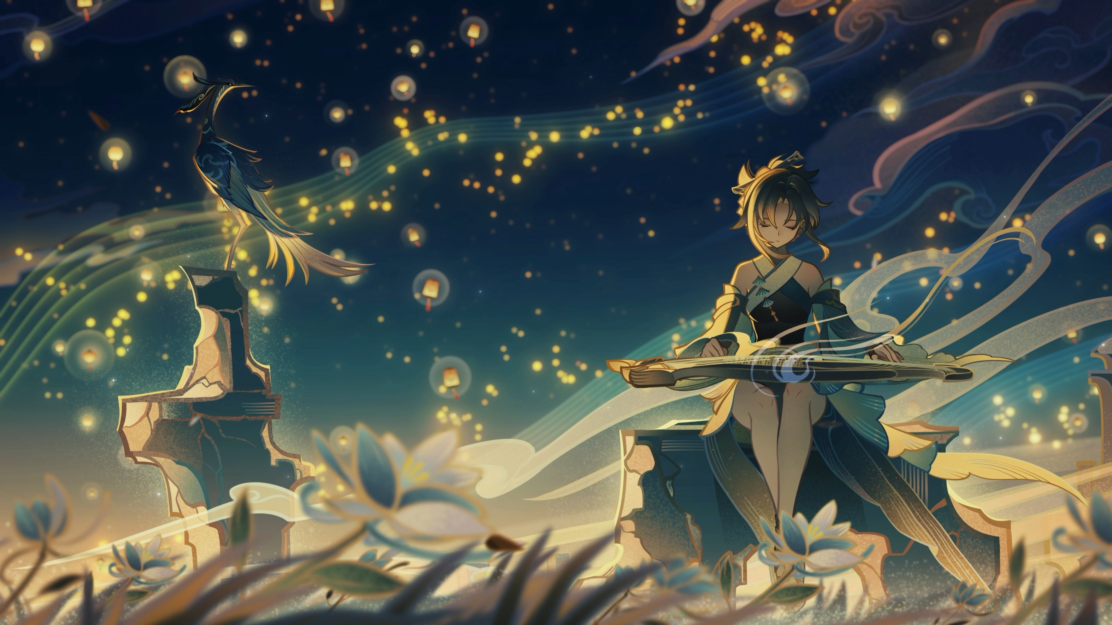 Genshin Impact: Madame Ping plays a Chinese zither under lanterns HD Wallpaper