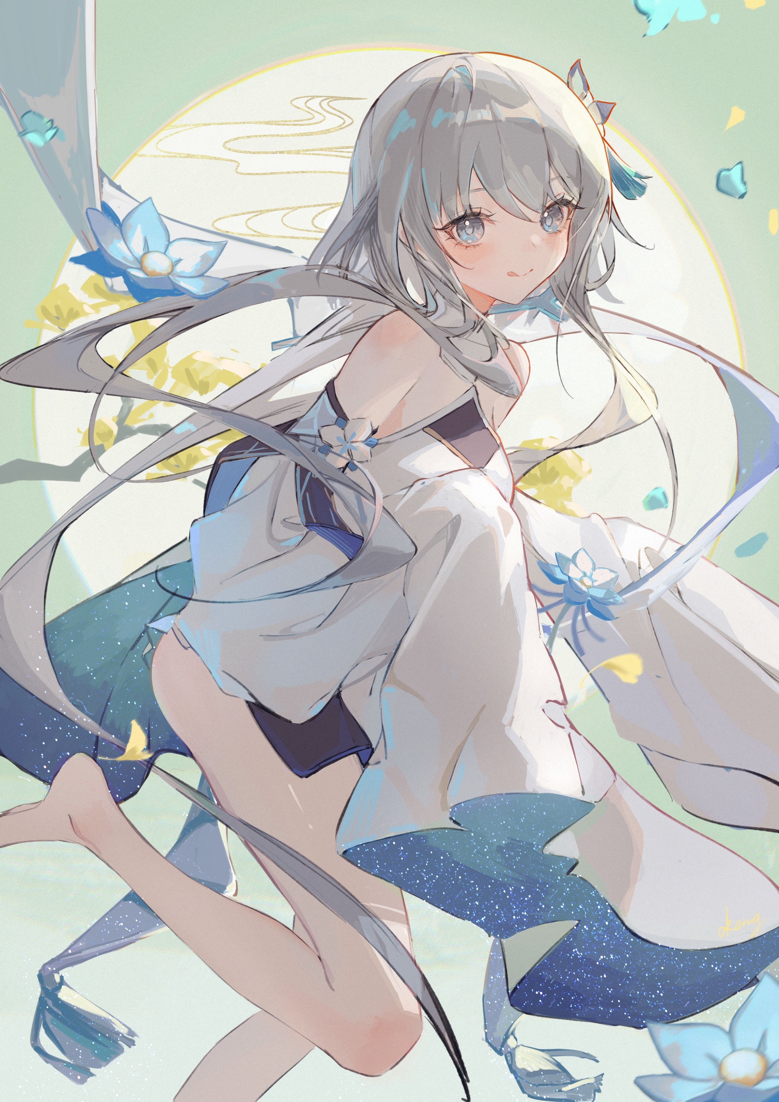 Guizhong from Genshin Impact with gray hair and blue eyes HD Phone Wallpaper