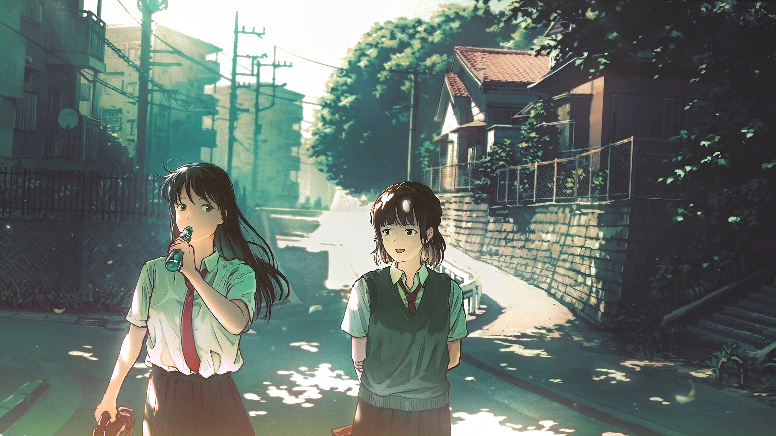 Anime girls in school uniforms walking in a Japanese city HD Wallpaper