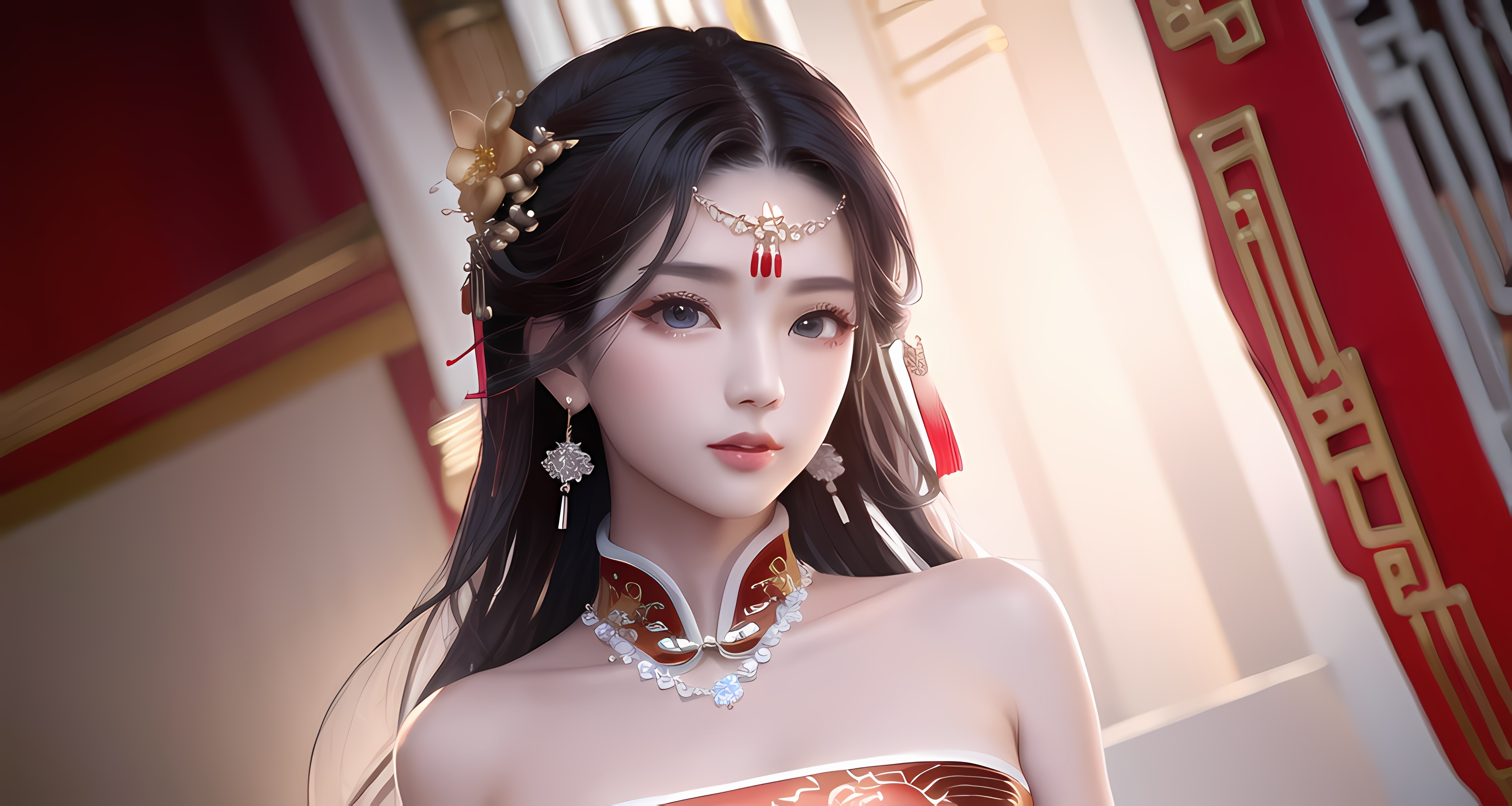 4K Asian woman with necklace and earrings HD Wallpaper