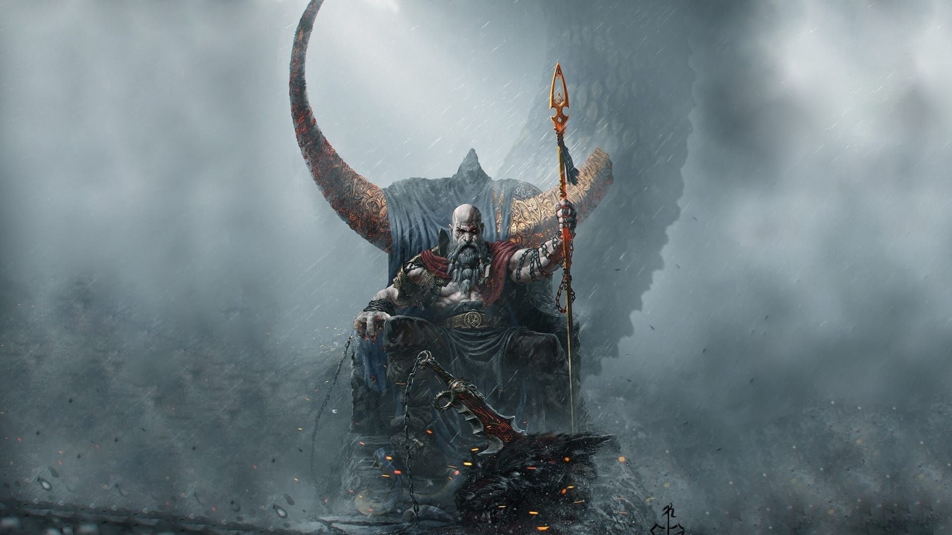 Kratos on a throne with a spear and axe in God of War Ragnarök HD Wallpaper