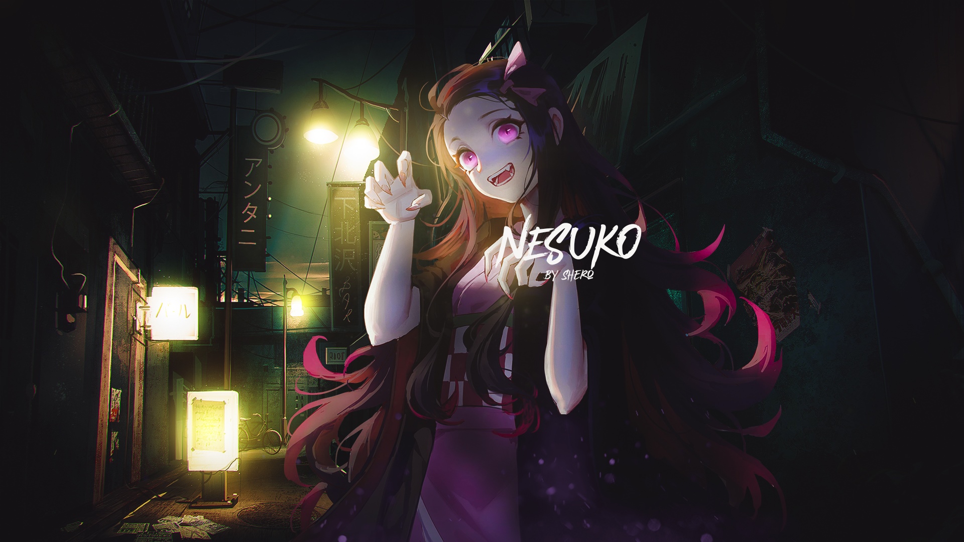 Nezuko Kamado in a Japanese alley at night HD Wallpaper