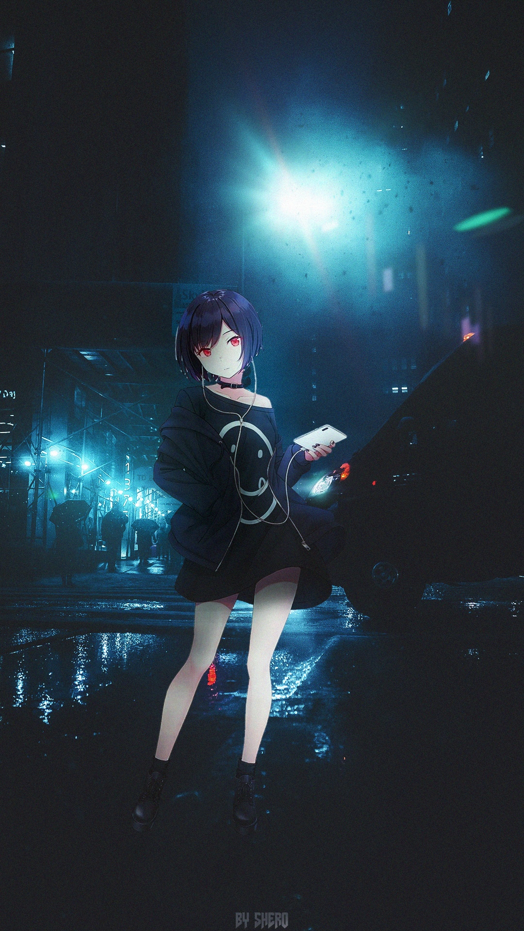 Anime girl with red eyes and earphones on a rainy street HD Phone Wallpaper