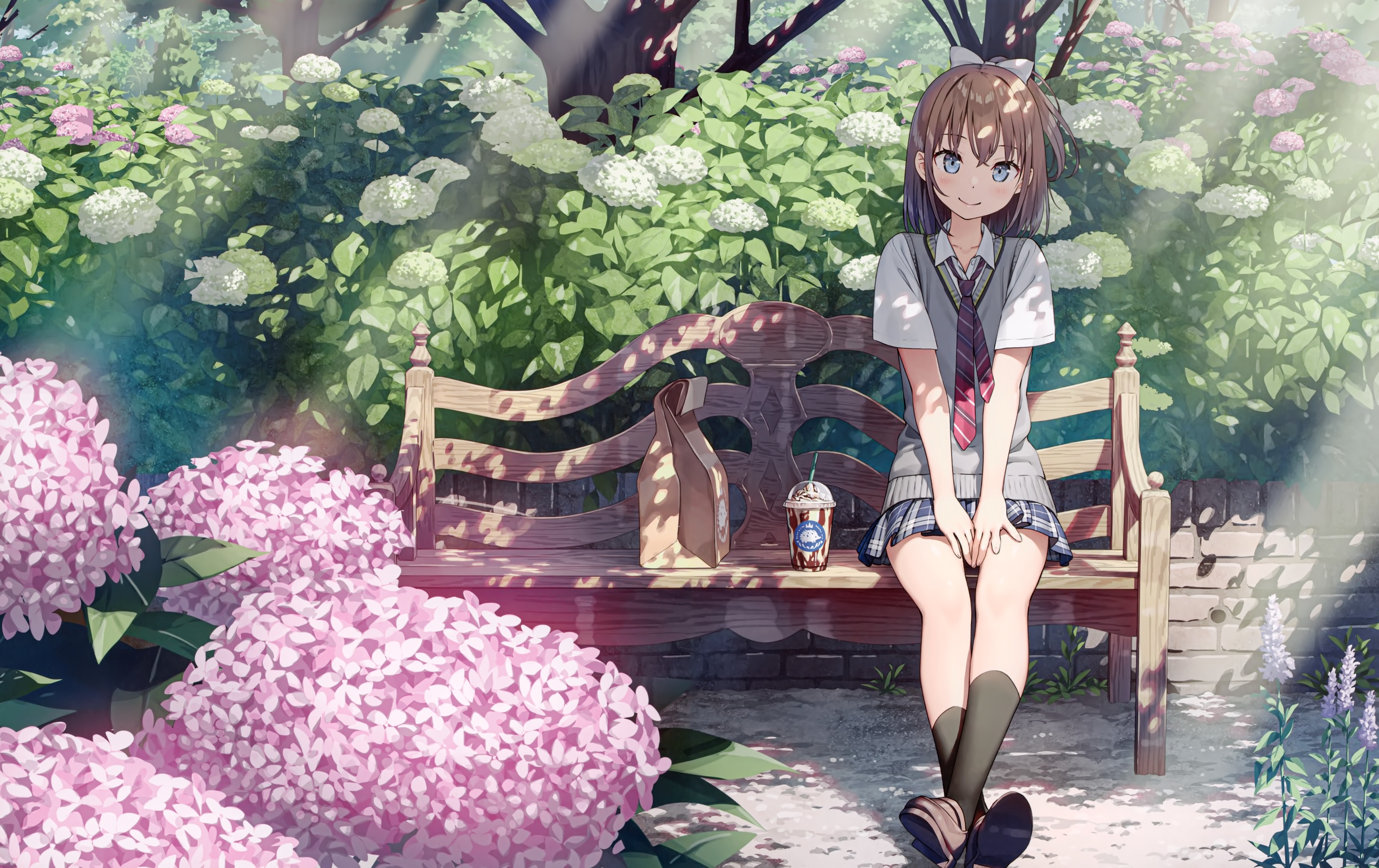 Anime girl in school uniform sitting on a bench HD Wallpaper