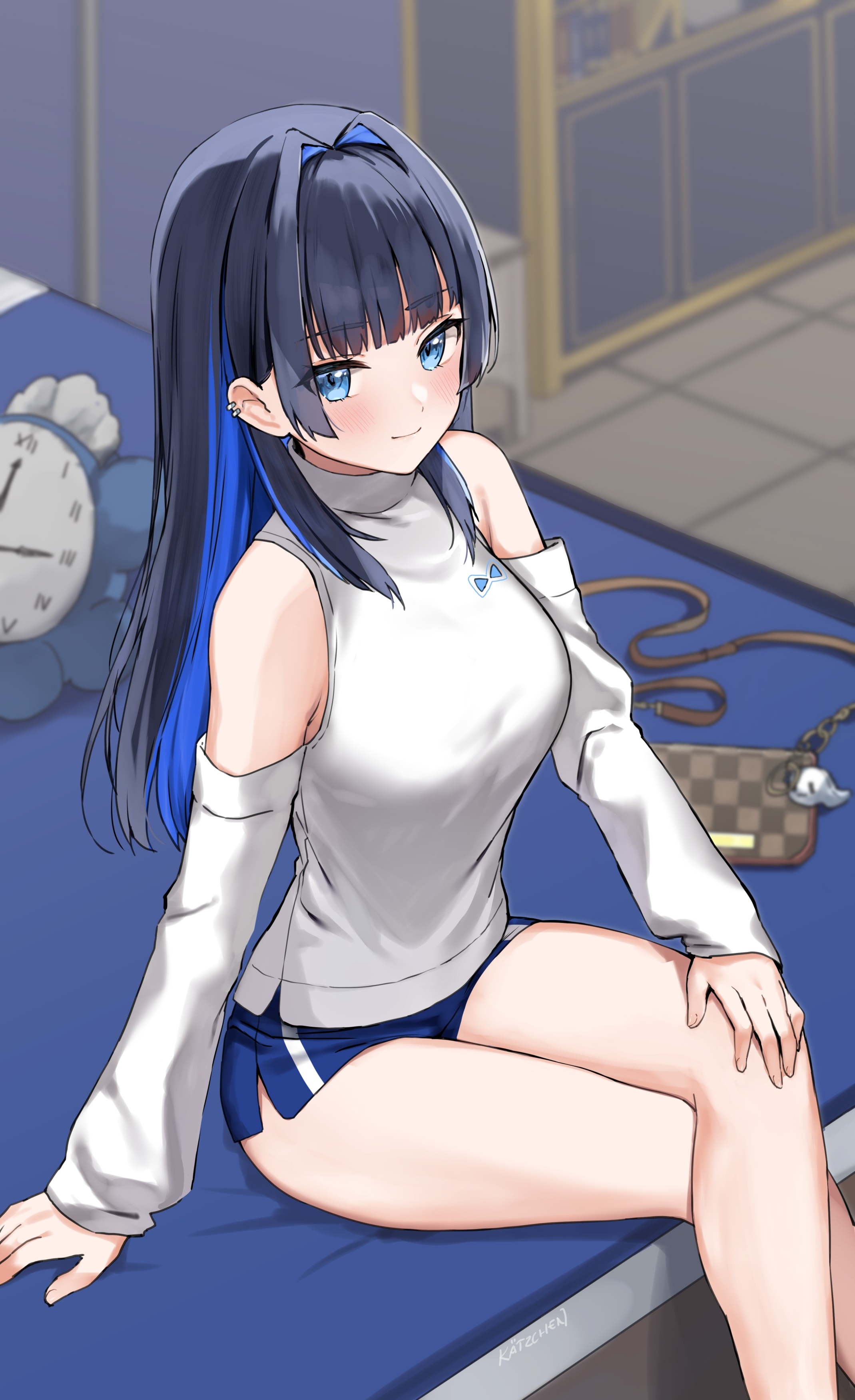 Ouro Kronii in white top and blue shorts HD Phone Wallpaper