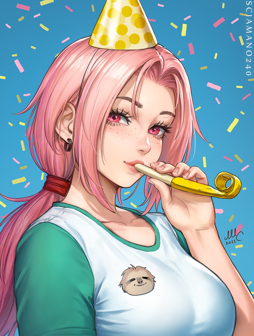 Girl with pink hair and party hat blowing party blower HD Phone Wallpaper