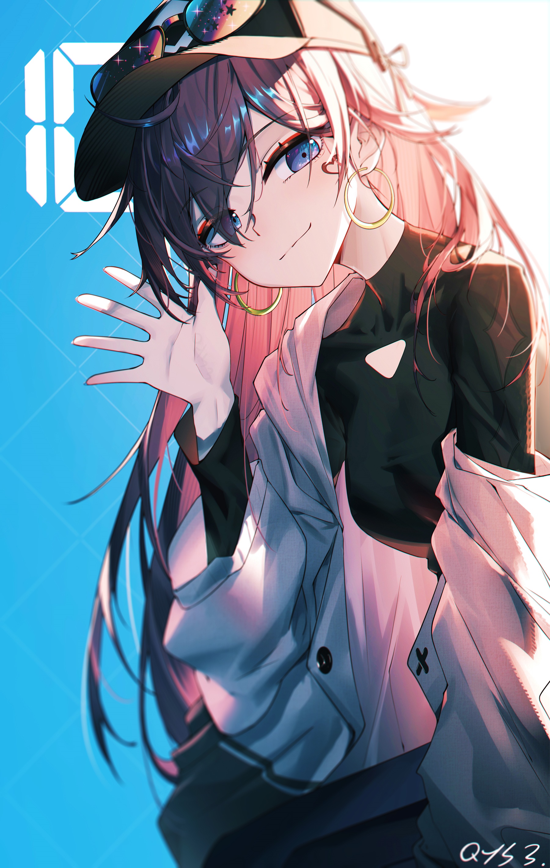 Anime girl with hat and hoop earrings waving HD Phone Wallpaper