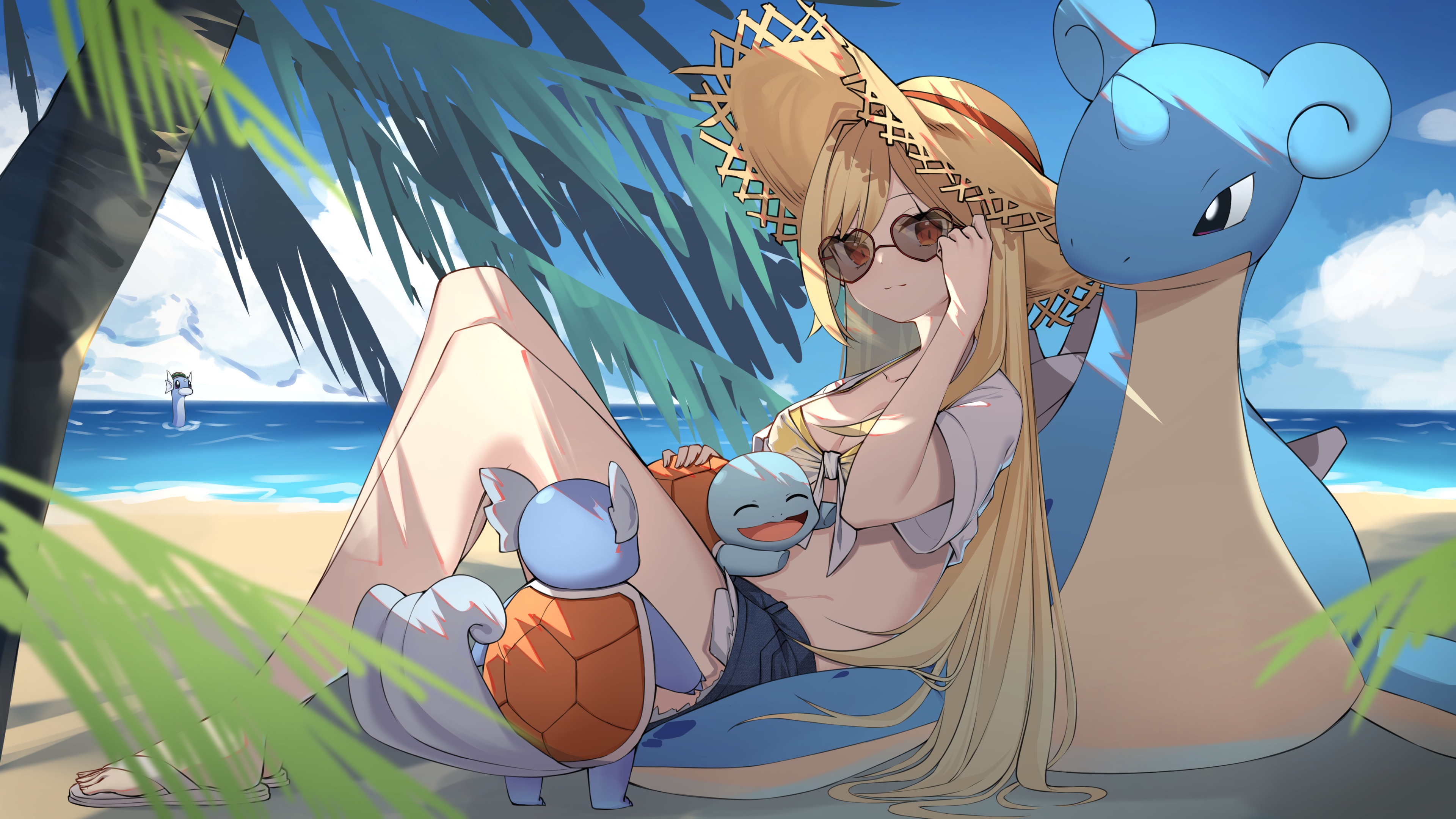 4K Pokémon Beach with Girl, Squirtle, and Lapras HD Wallpaper