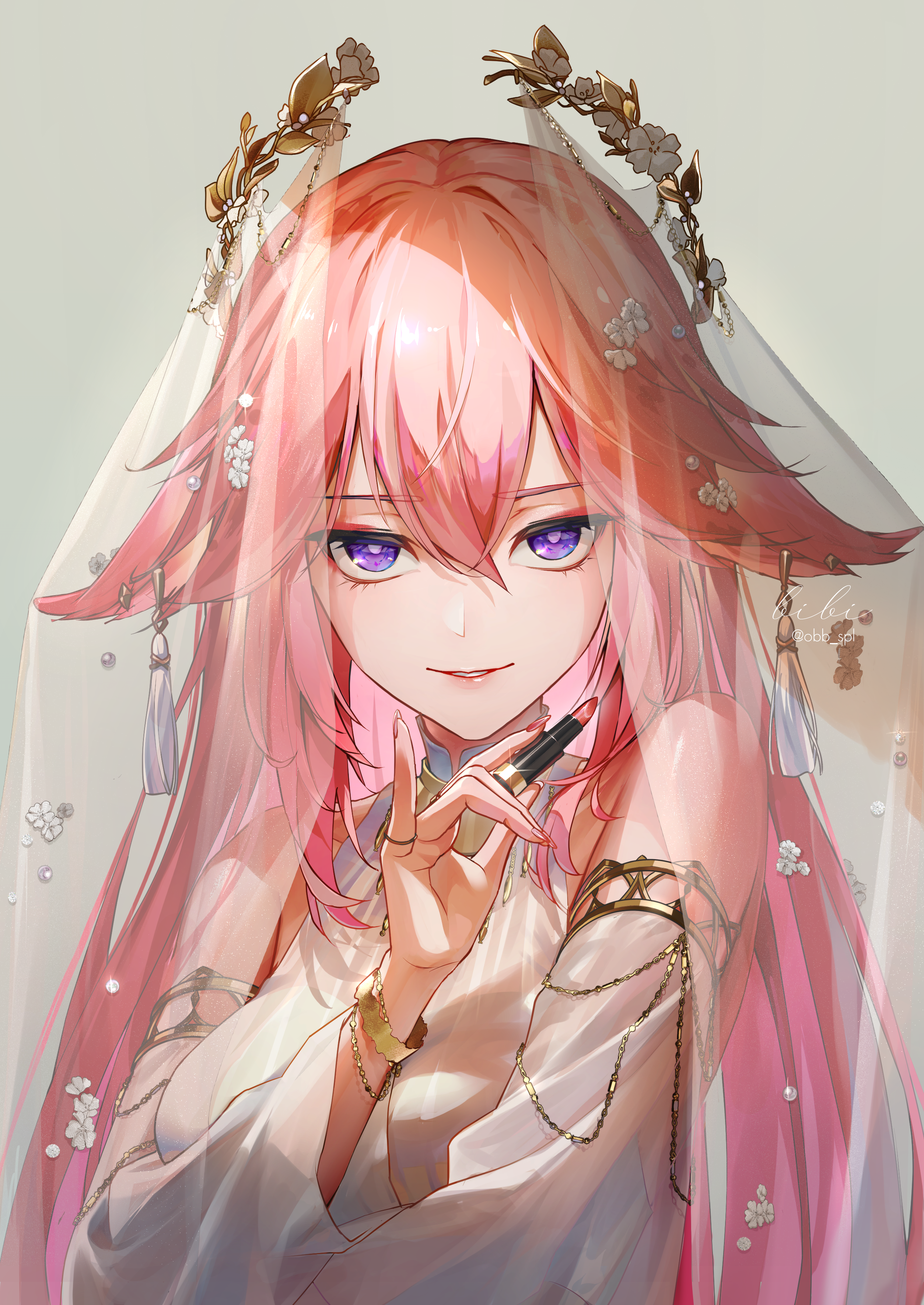 Yae Miko applying lipstick, Genshin Impact artwork HD Phone Wallpaper
