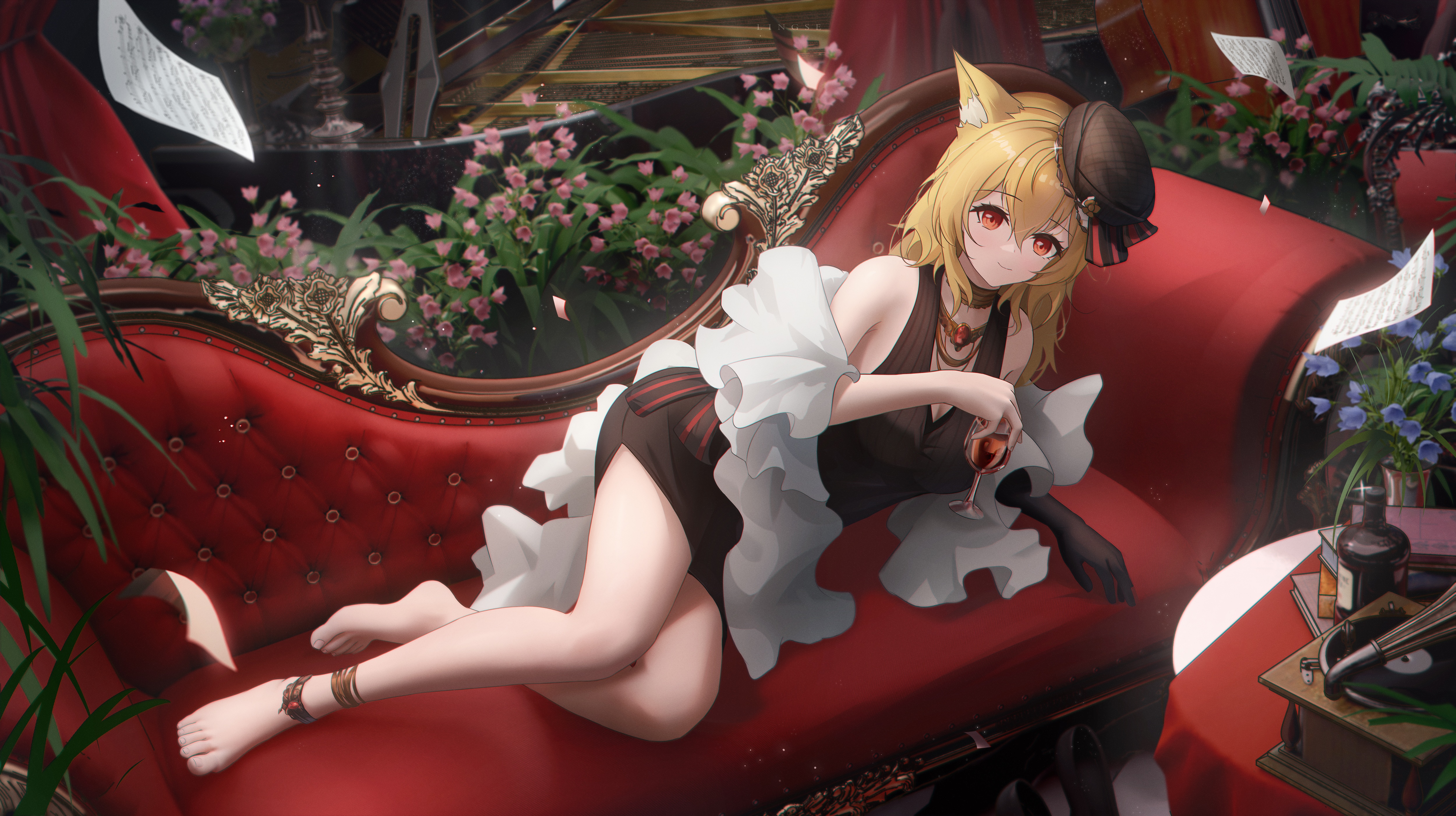 Arknights Fox Girl with Wine on Red Couch HD Wallpaper