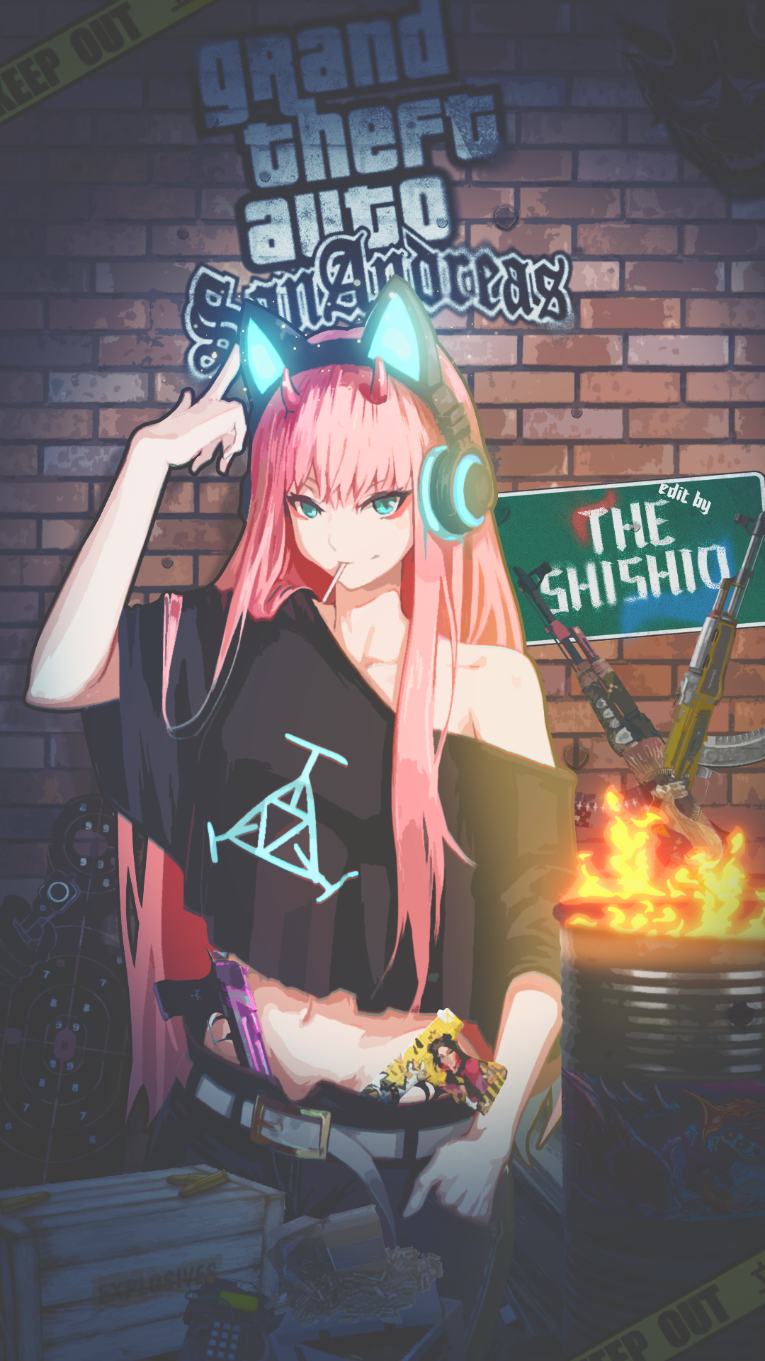 Zero Two with guns and Grand Theft Auto: San Andreas logo HD Phone Wallpaper