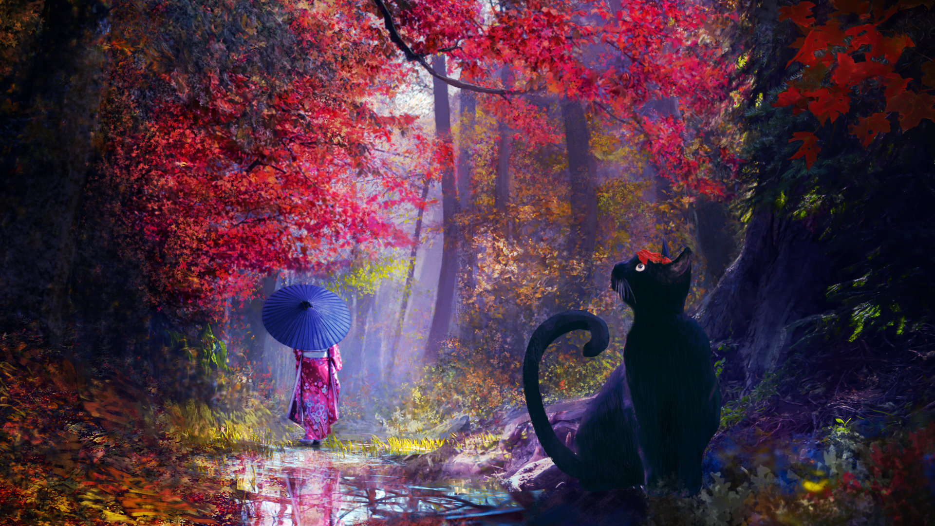 Black Cat and Woman in Kimono with Umbrella in Autumn Forest HD Wallpaper