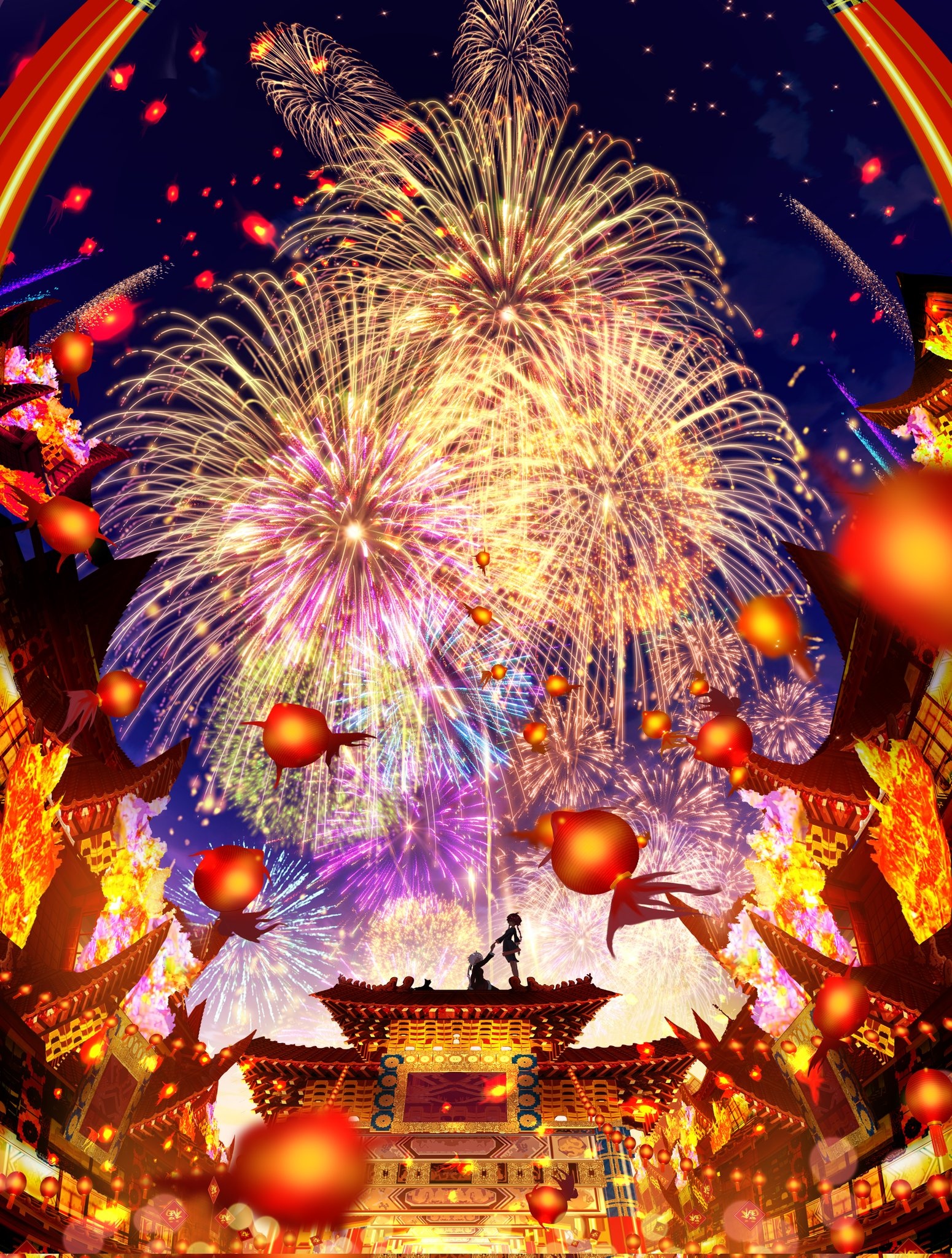 New Year fireworks over a traditional Asian city at night HD Phone Wallpaper