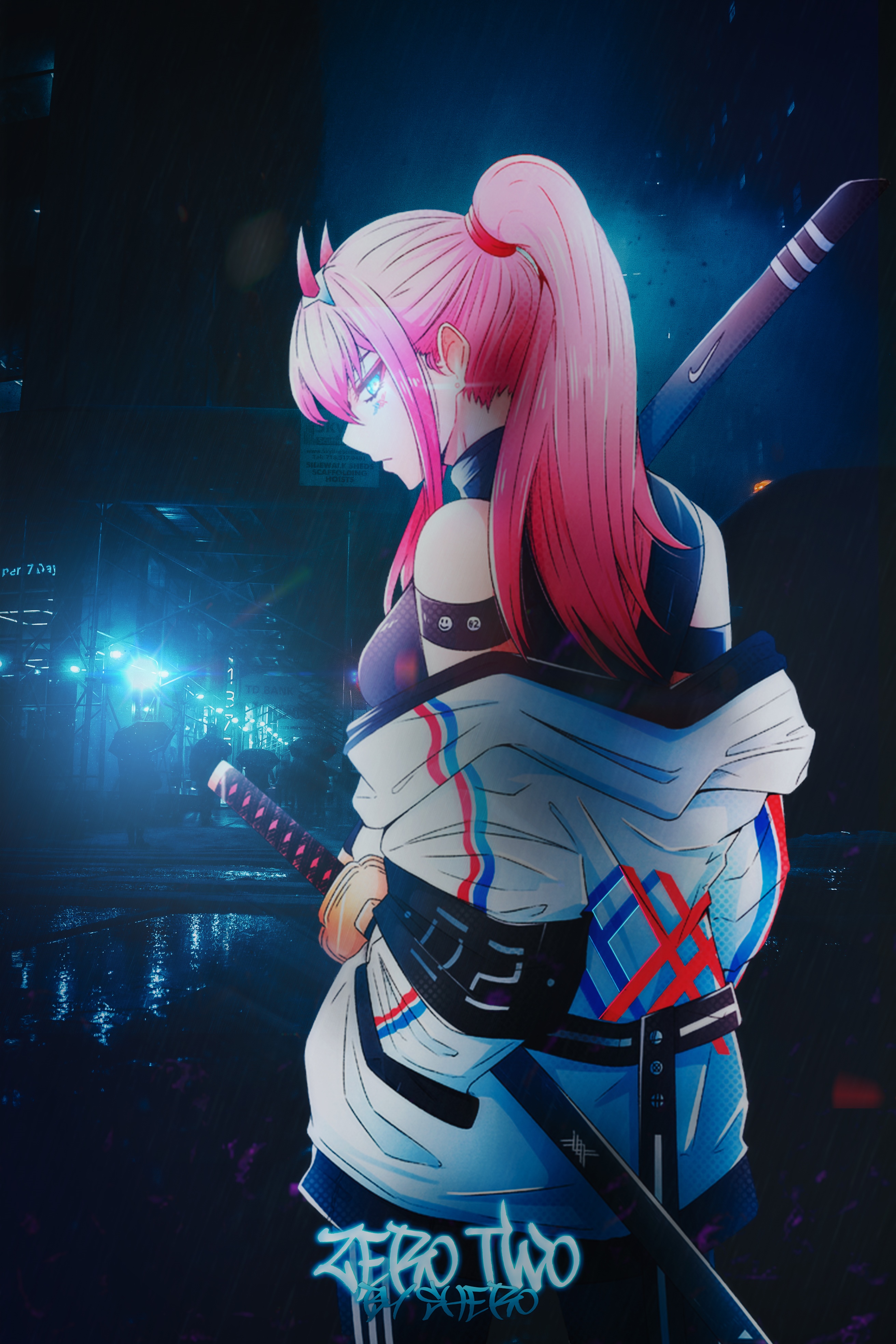 Zero Two with Katanas in Cyberpunk City HD Phone Wallpaper