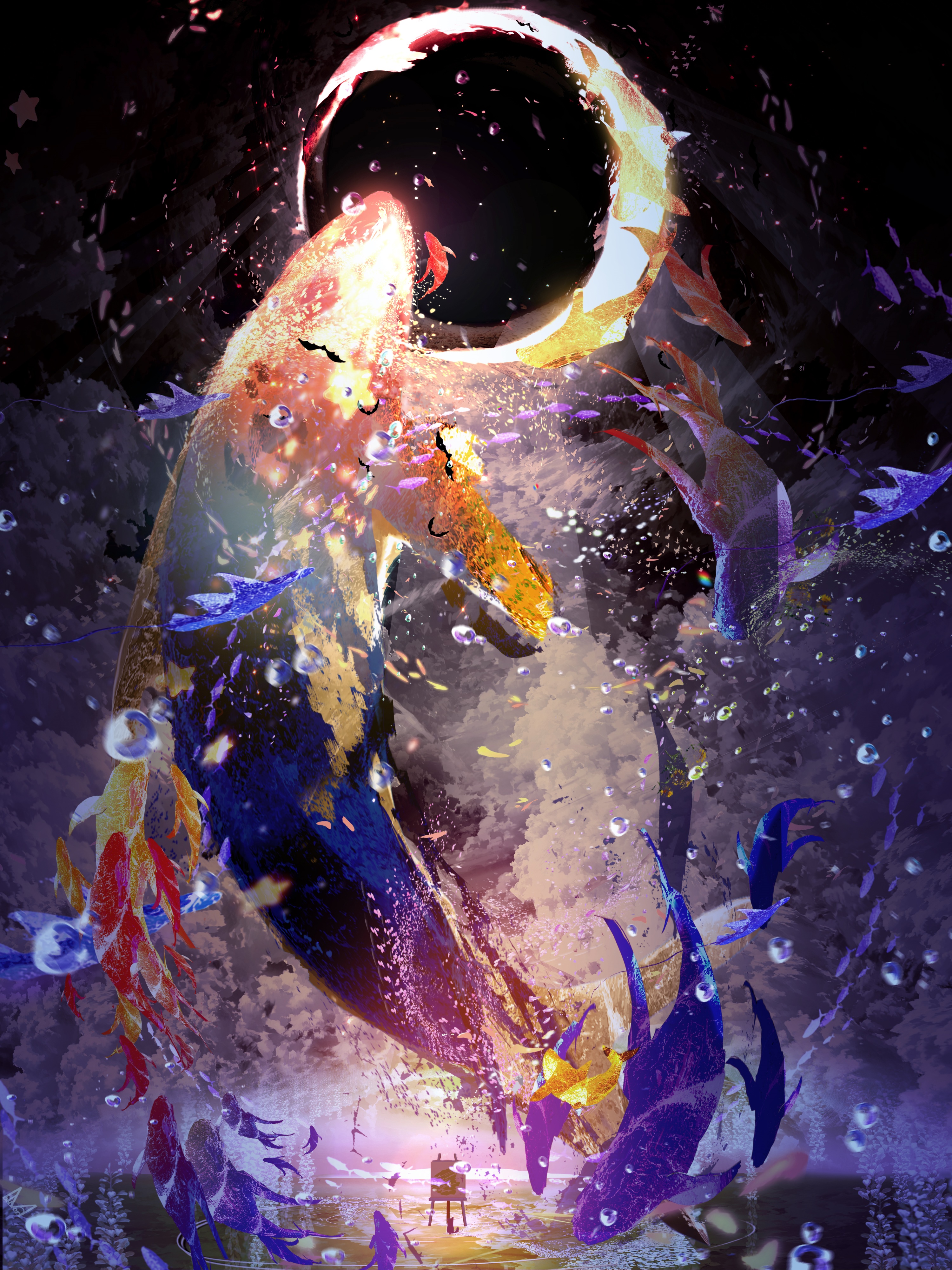 Abstract universe with fish and moon HD Phone Wallpaper