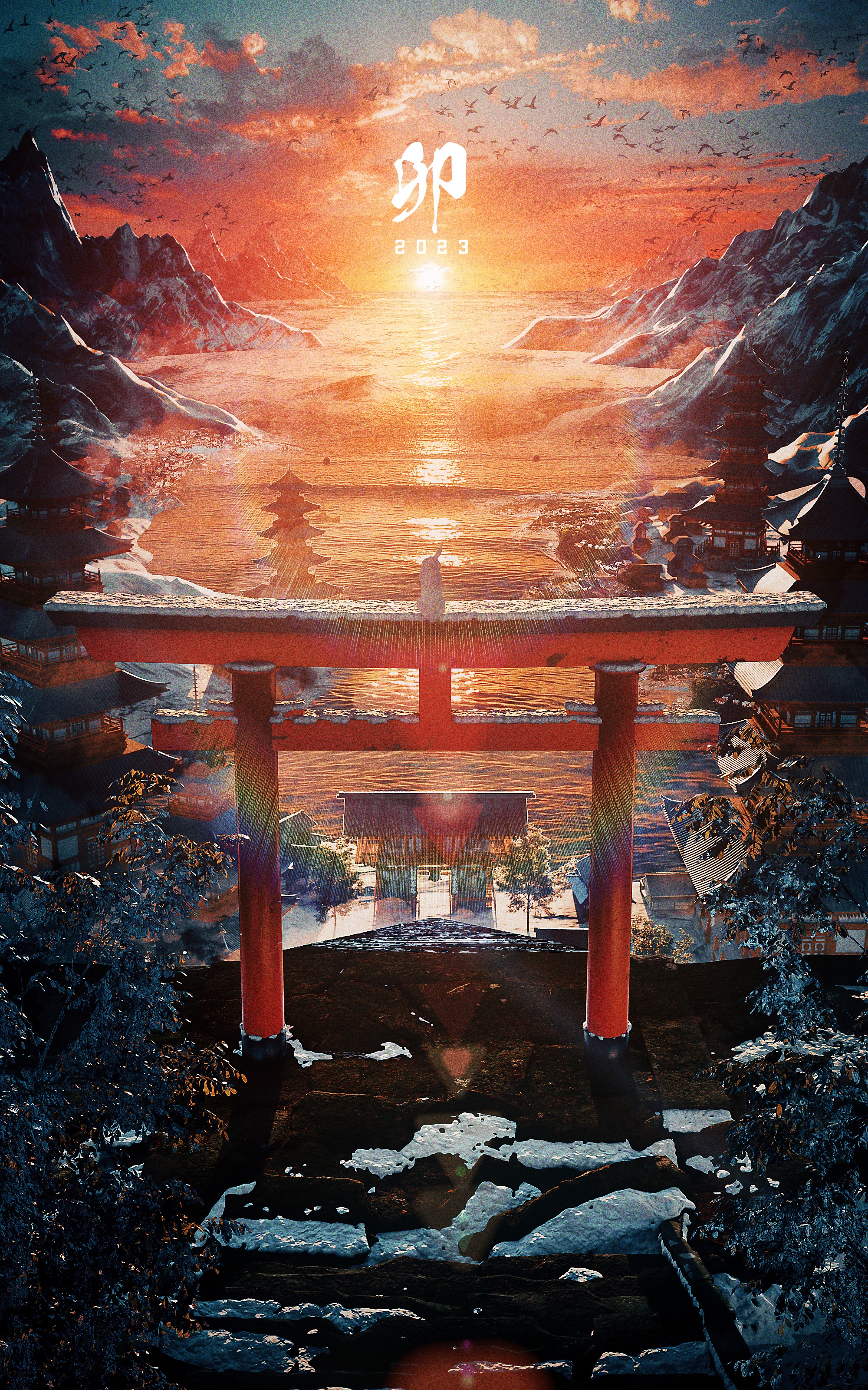 Japanese Torii Gate at Sunset with Snow HD Phone Wallpaper