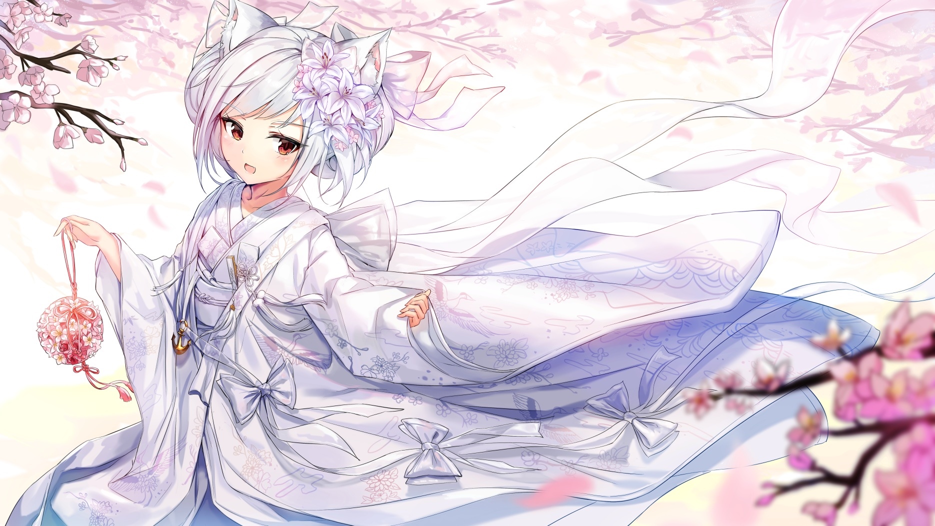 Azur Lane Yukikaze in a white dress with cherry blossoms HD Wallpaper