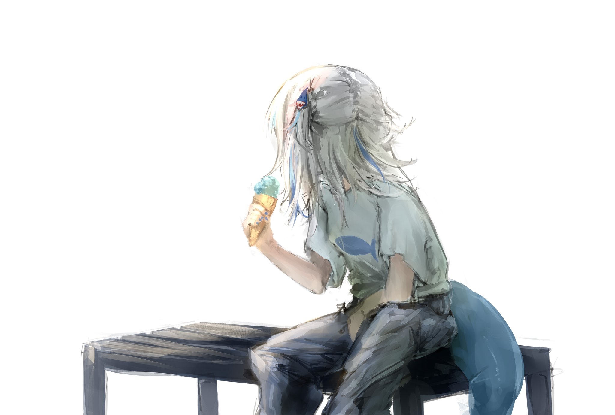 Gawr Gura eating ice cream on a bench HD Wallpaper