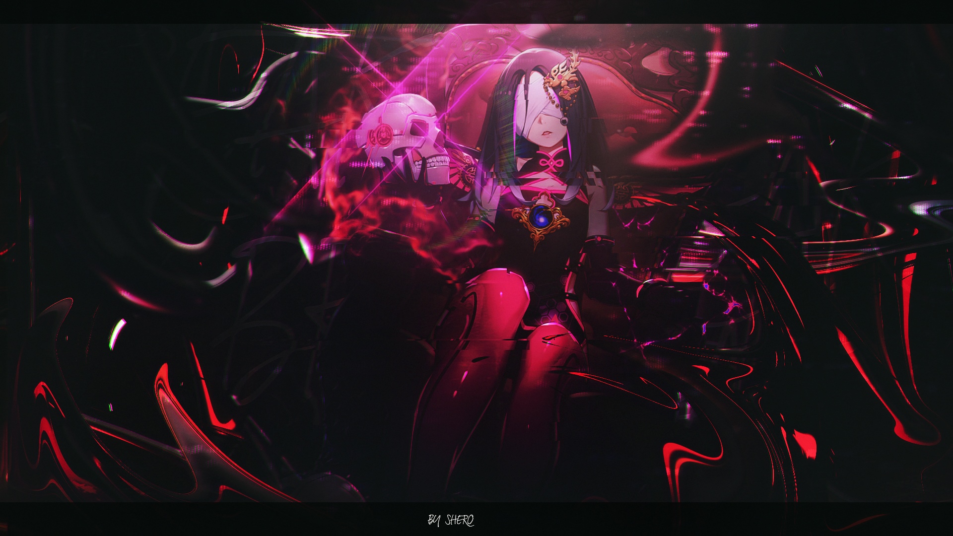 Anime girl with blindfold and skull in dark fantasy setting HD Wallpaper