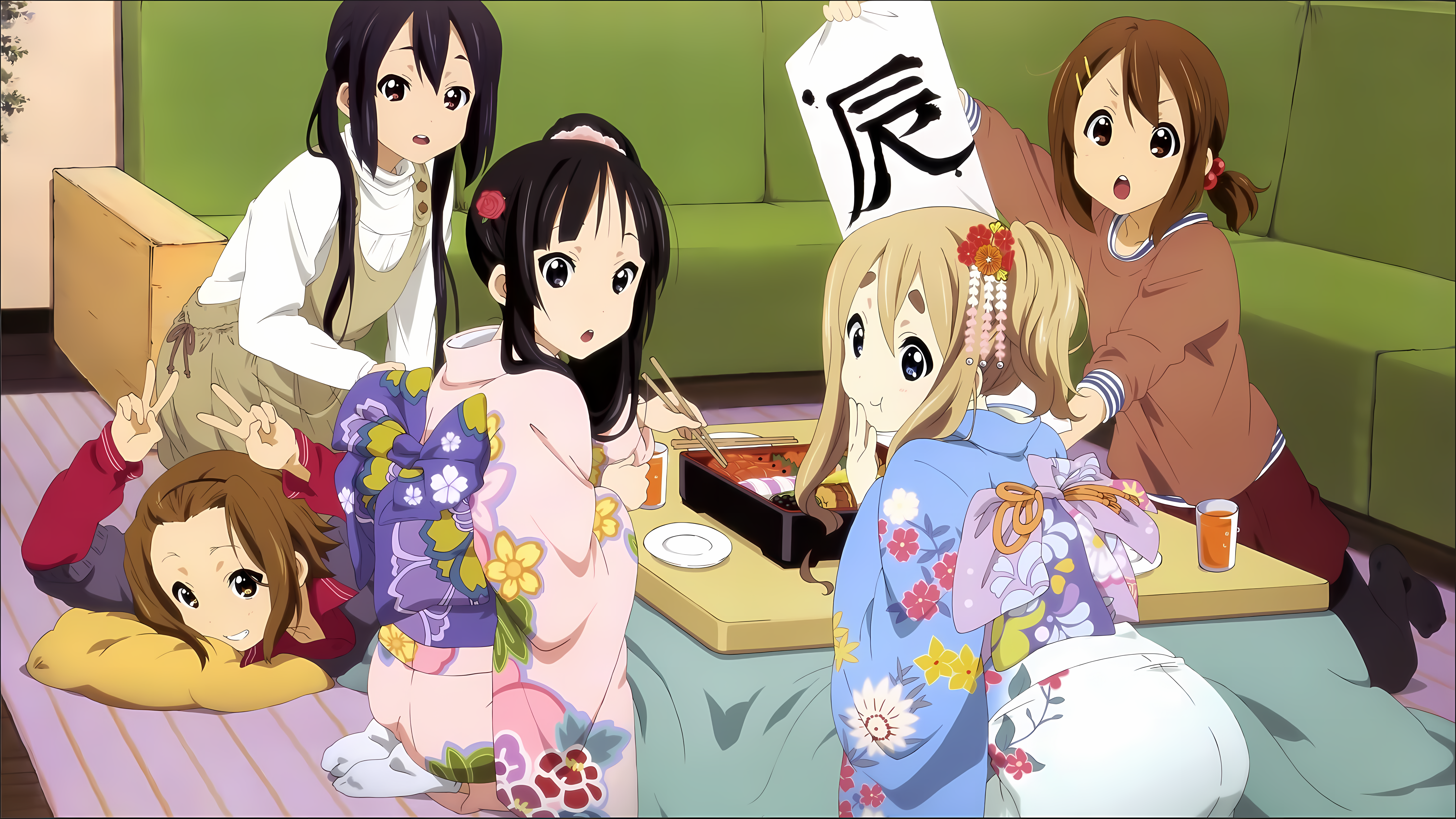 K-ON! girls in kimonos with food HD Wallpaper