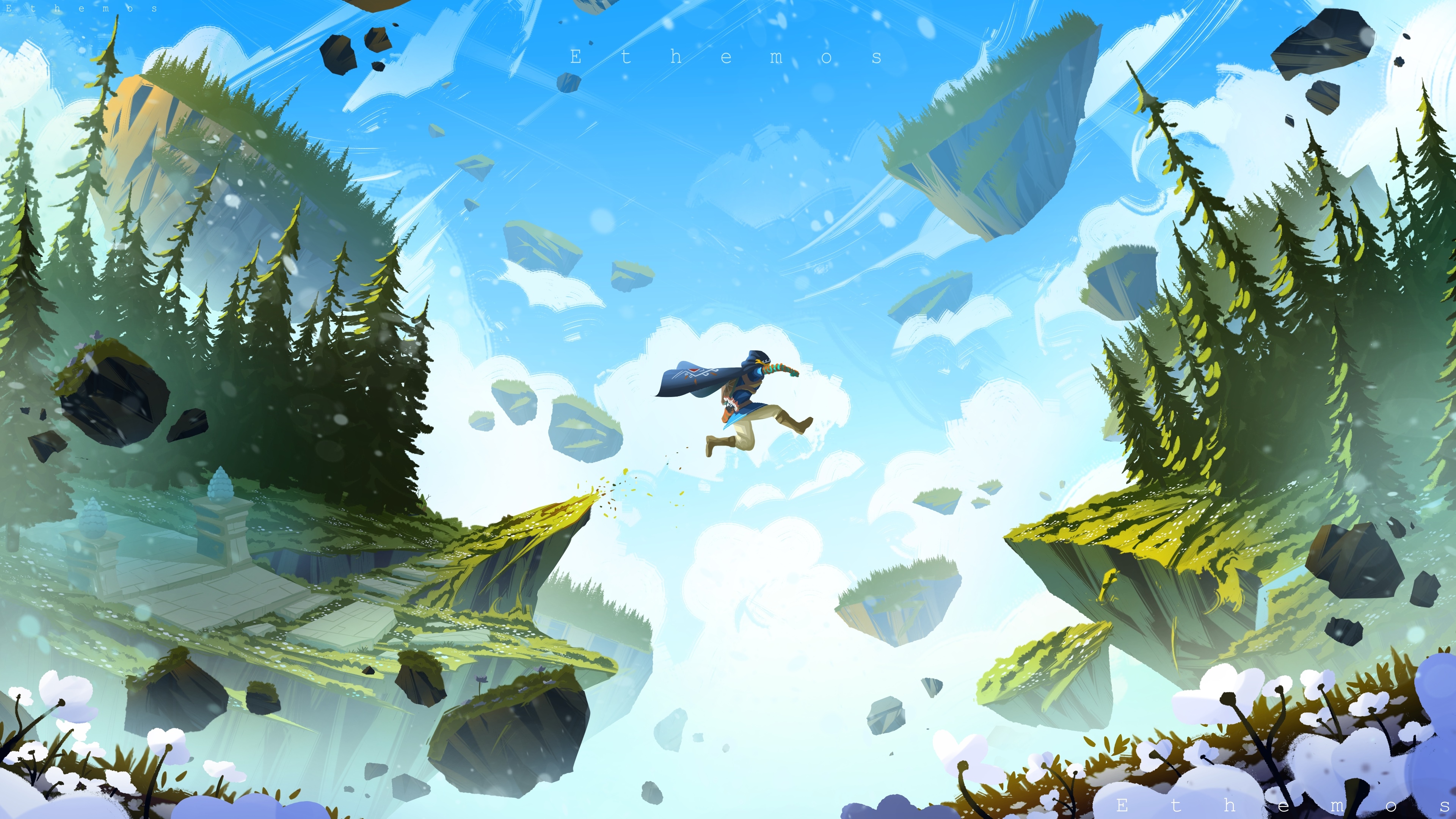 Fantasy art of a man jumping between floating islands HD Wallpaper