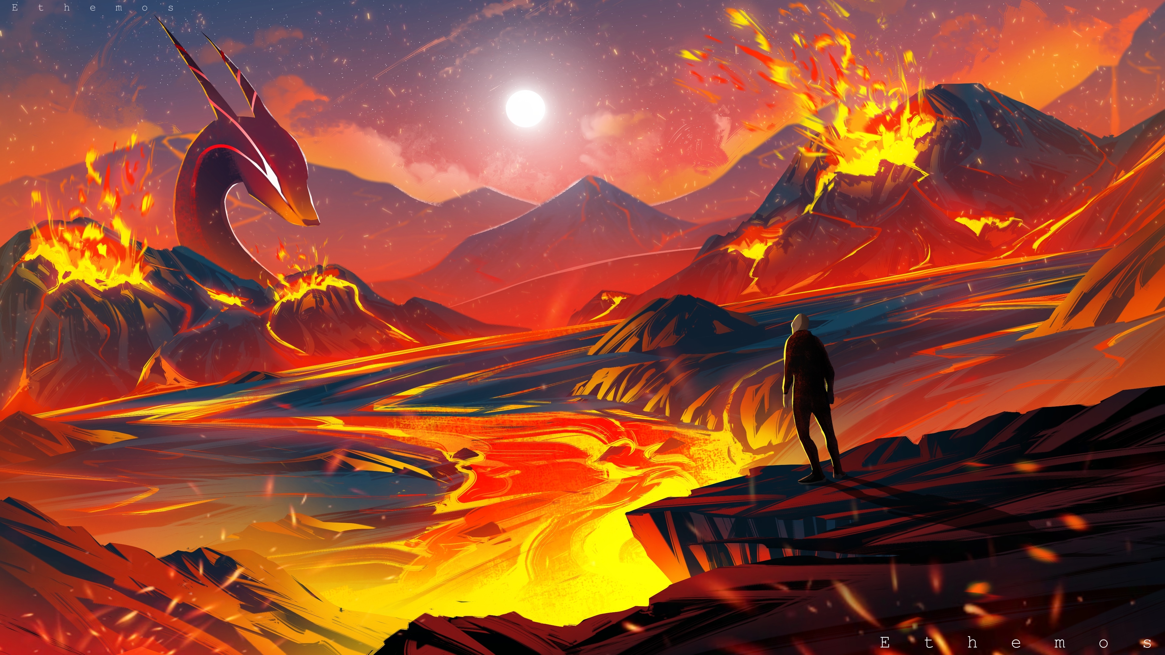 Fantasy lava landscape with creature and moon HD Wallpaper