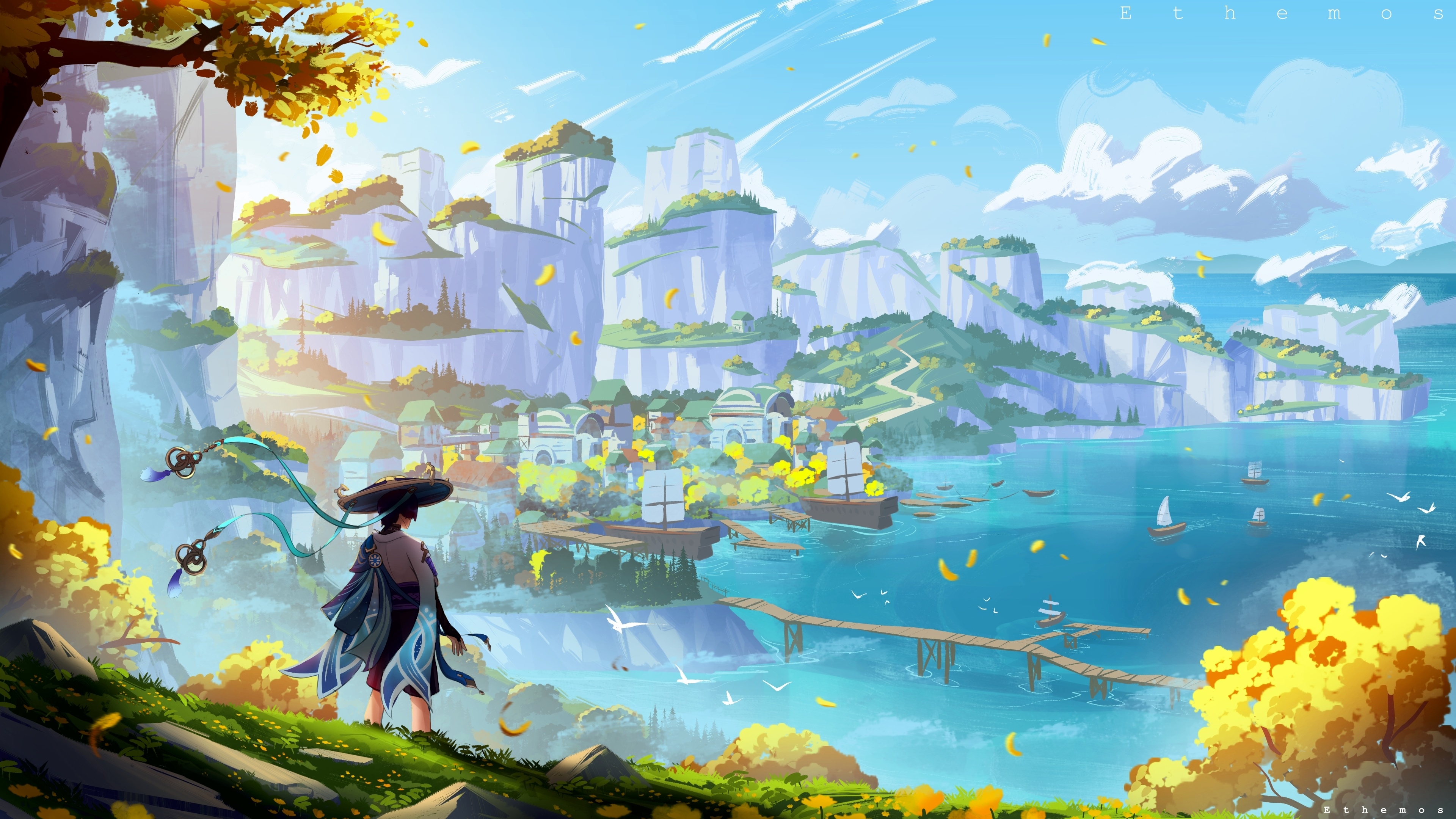 Genshin Impact landscape with village and mountains HD Wallpaper