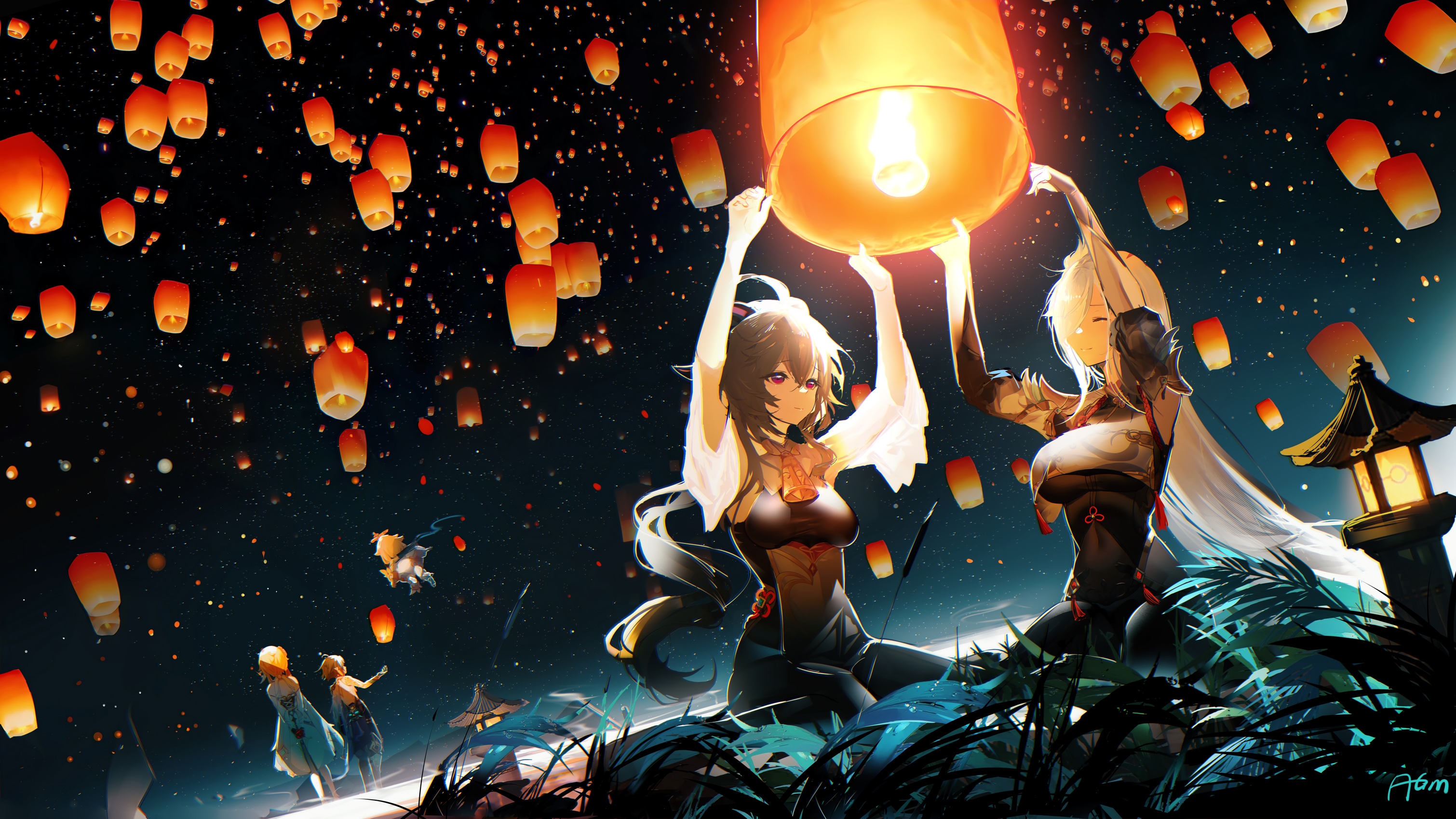 Genshin Impact characters releasing sky lanterns at night HD Wallpaper