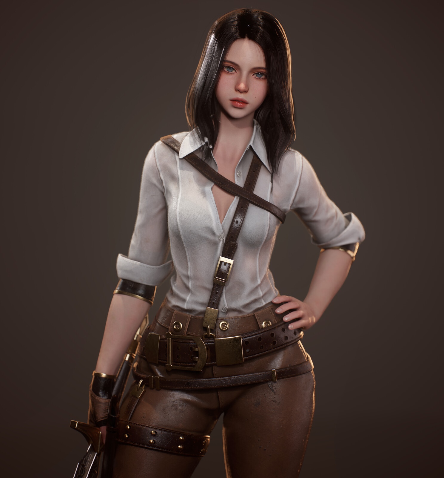 Woman in medieval outfit with leather straps HD Wallpaper