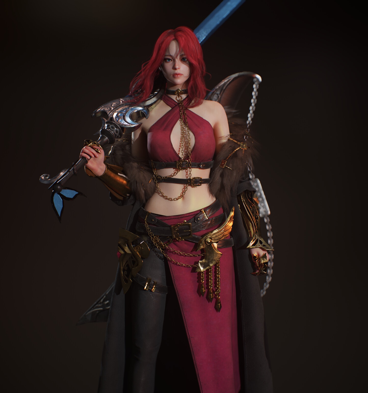 Redhead warrior with sword and fur HD Wallpaper
