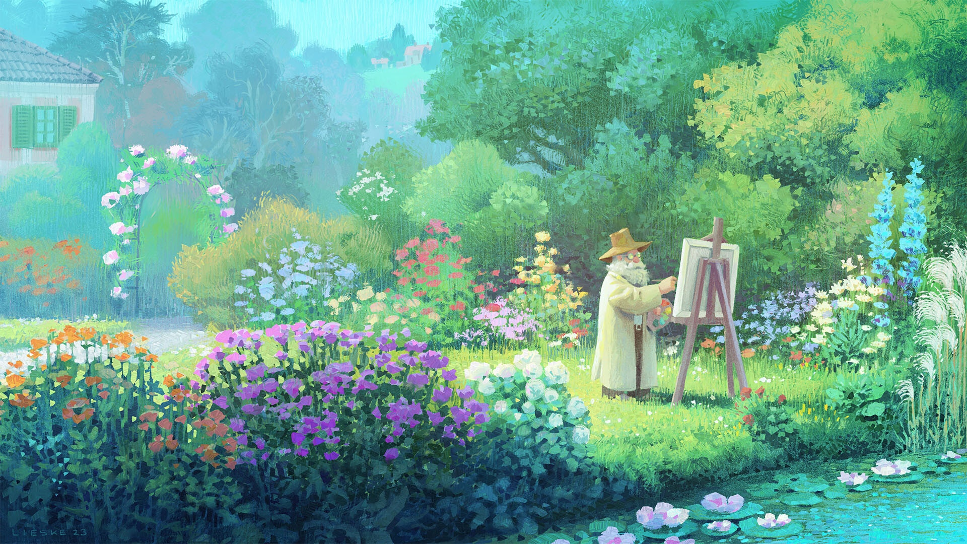 An artist paints in a vibrant garden with water lilies HD Wallpaper