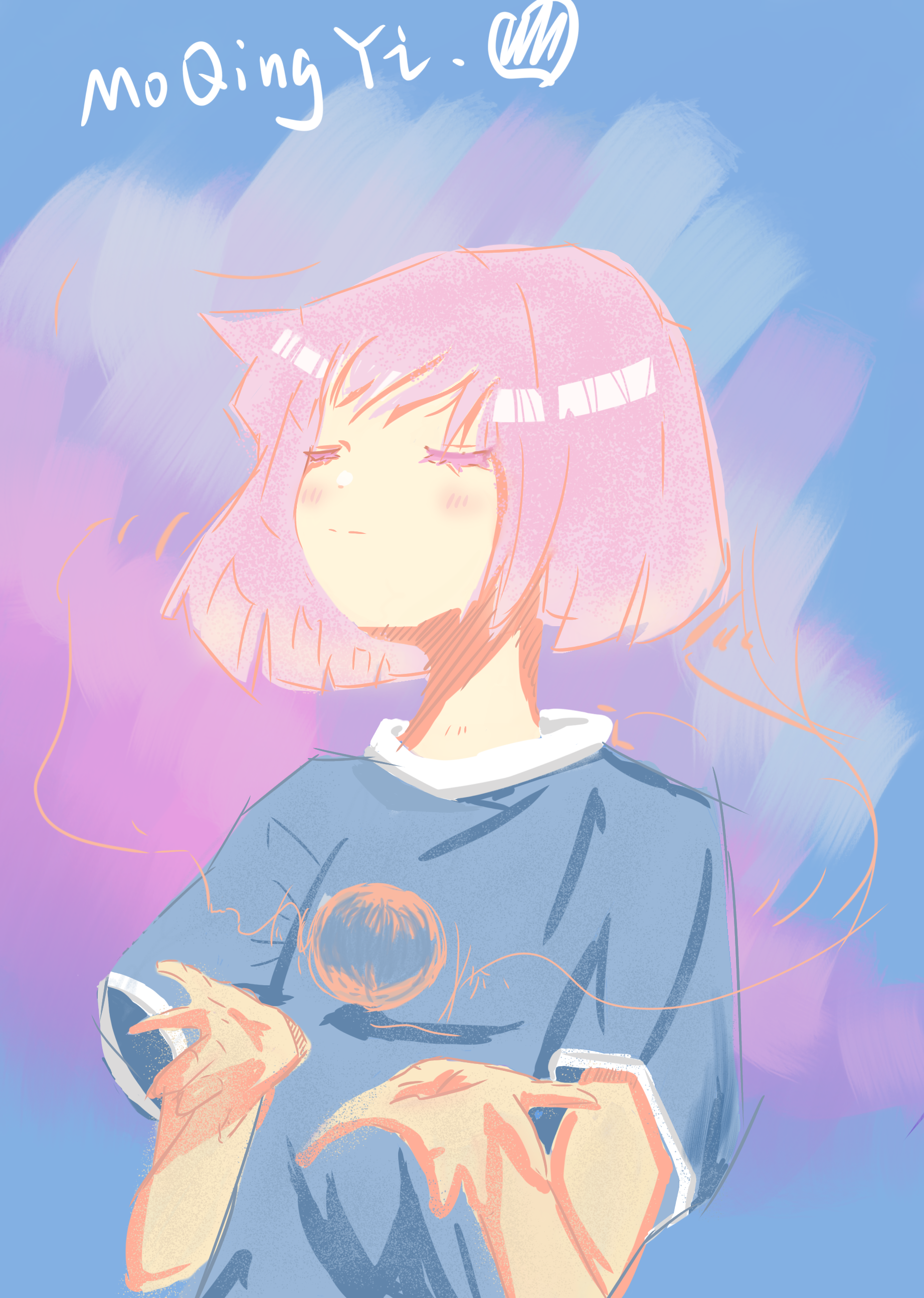MoQingYi with pink hair and blue shirt HD Phone Wallpaper