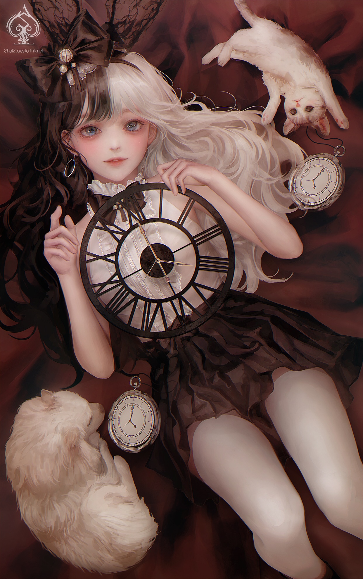 Girl with split hair holding a clock with cats HD Phone Wallpaper