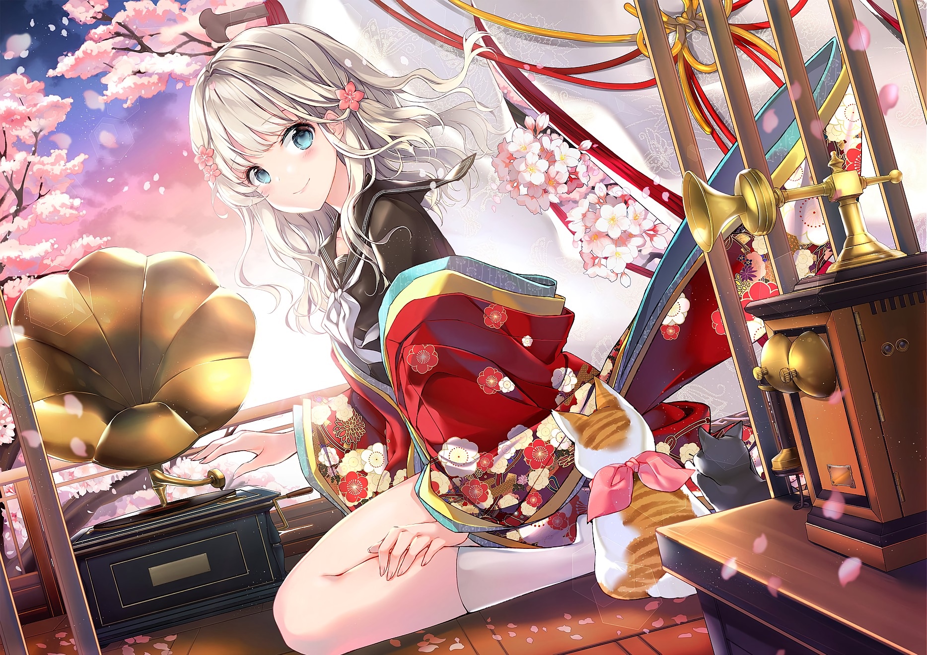 Juna in Kimono with Gramophone and Cats HD Wallpaper