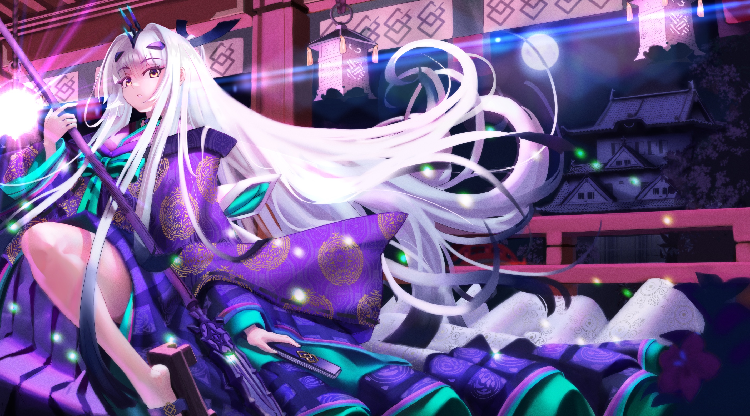 Fate/Grand Order's Ruvazro with Spear and Kimono at Night HD Wallpaper