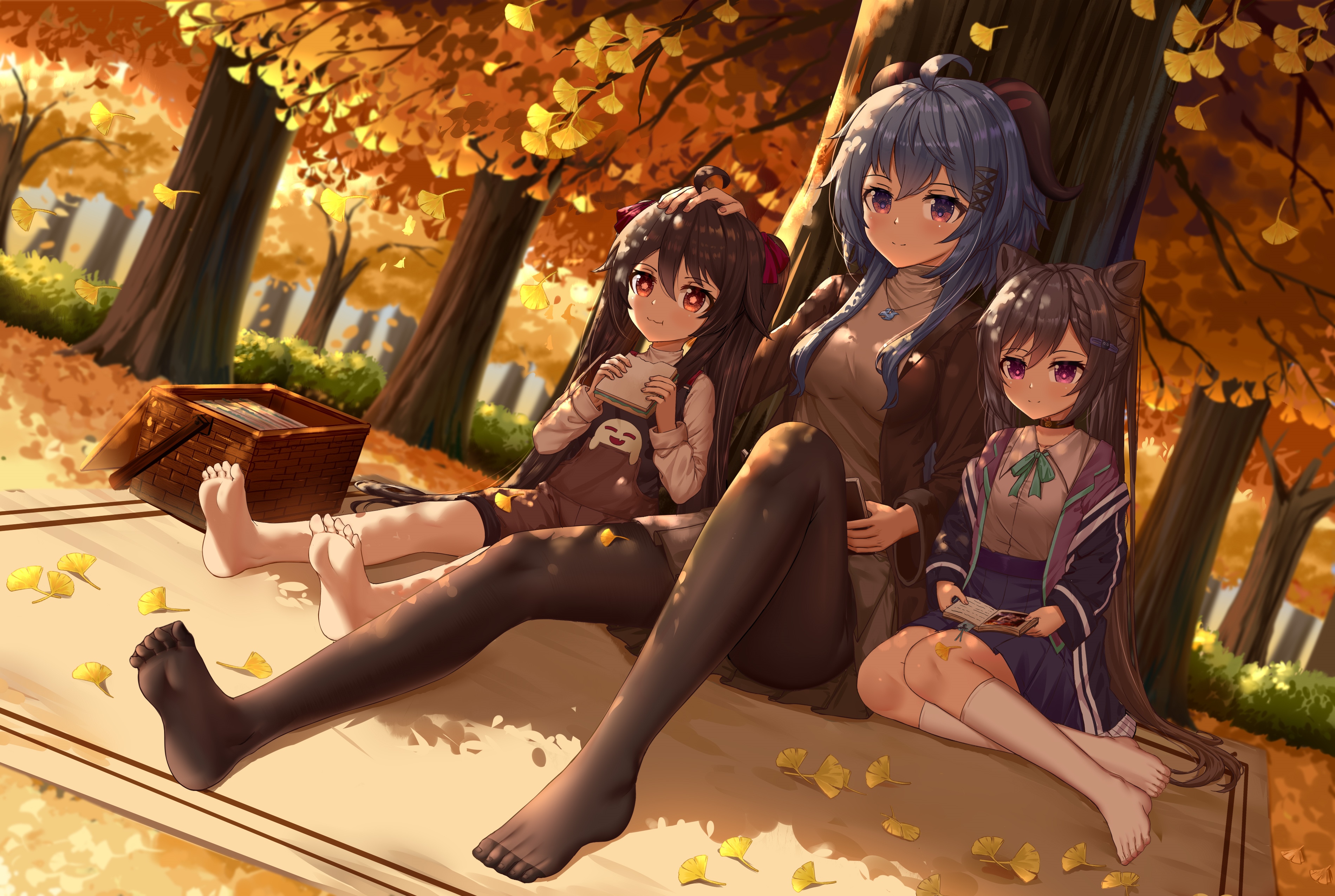 Genshin Impact characters Ganyu, Hu Tao, and Keqing having a picnic HD Wallpaper