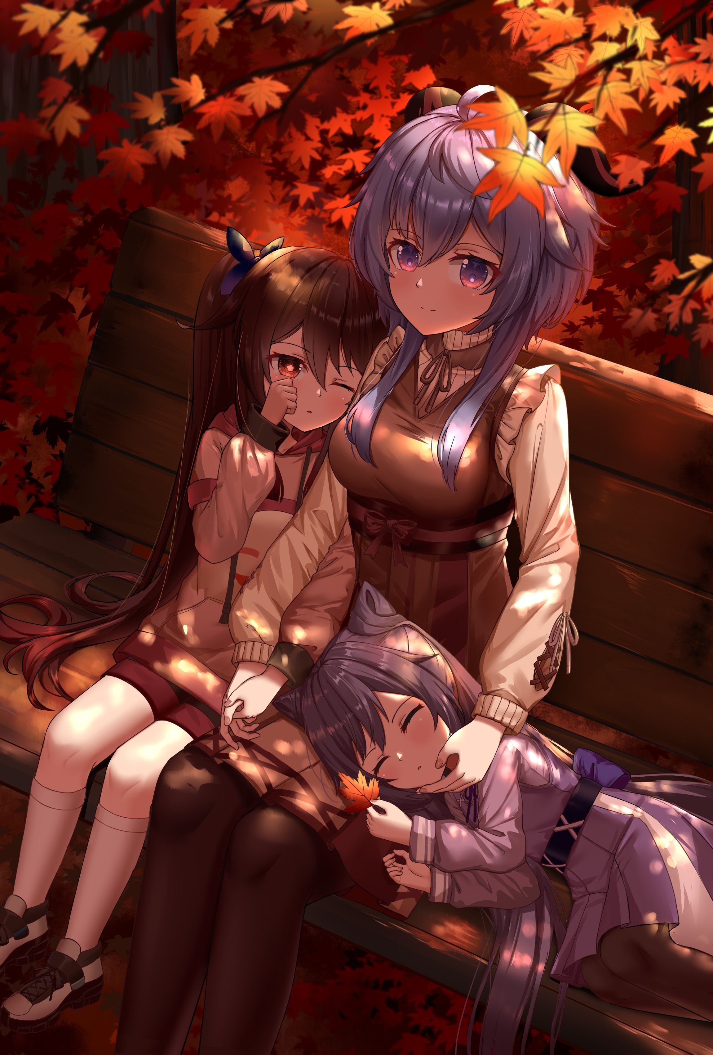 Genshin Impact characters Ganyu, Hu Tao, and Keqing on a bench HD Phone Wallpaper