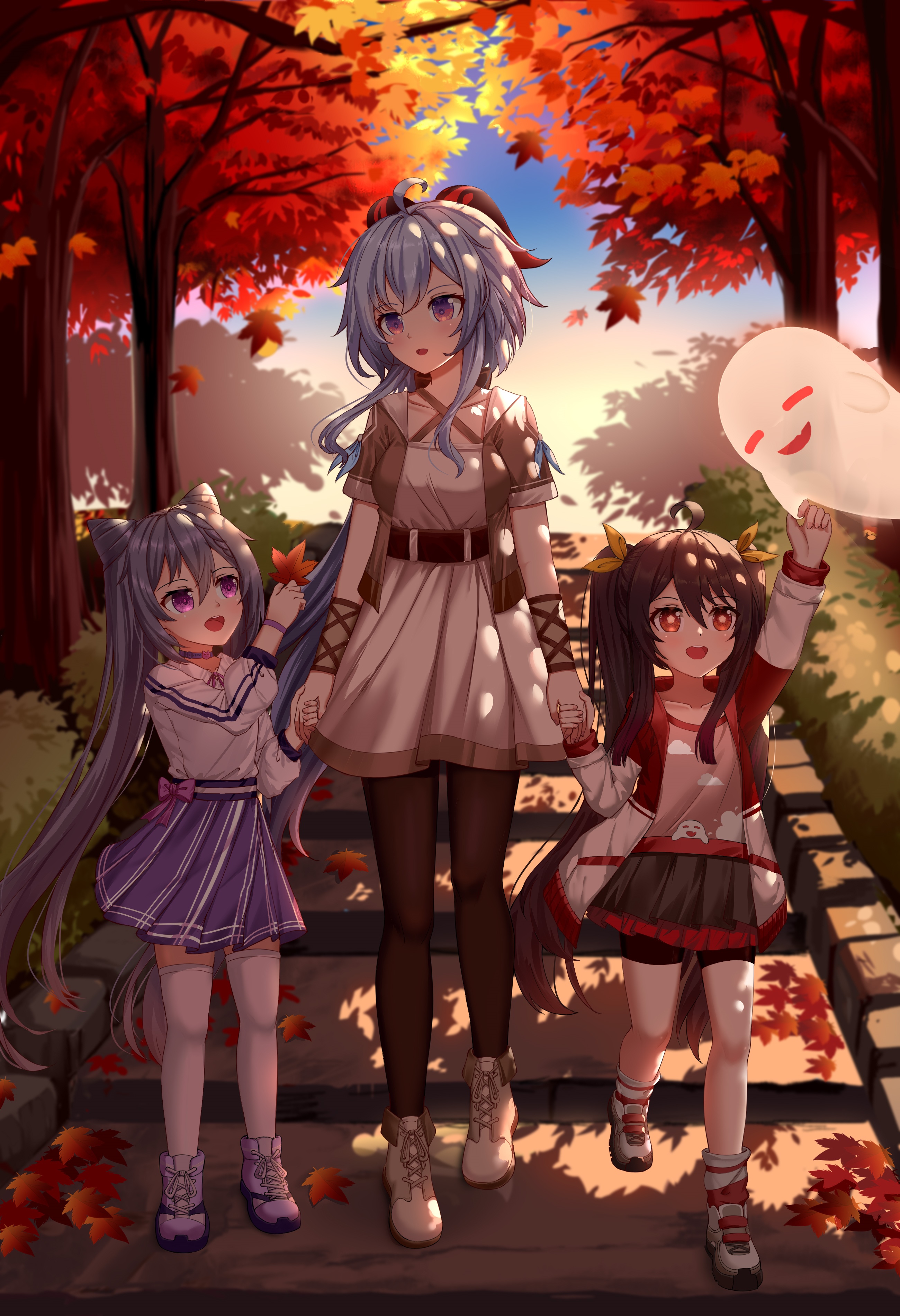 Genshin Impact characters Ganyu, Keqing, and Hu Tao in autumn HD Phone Wallpaper