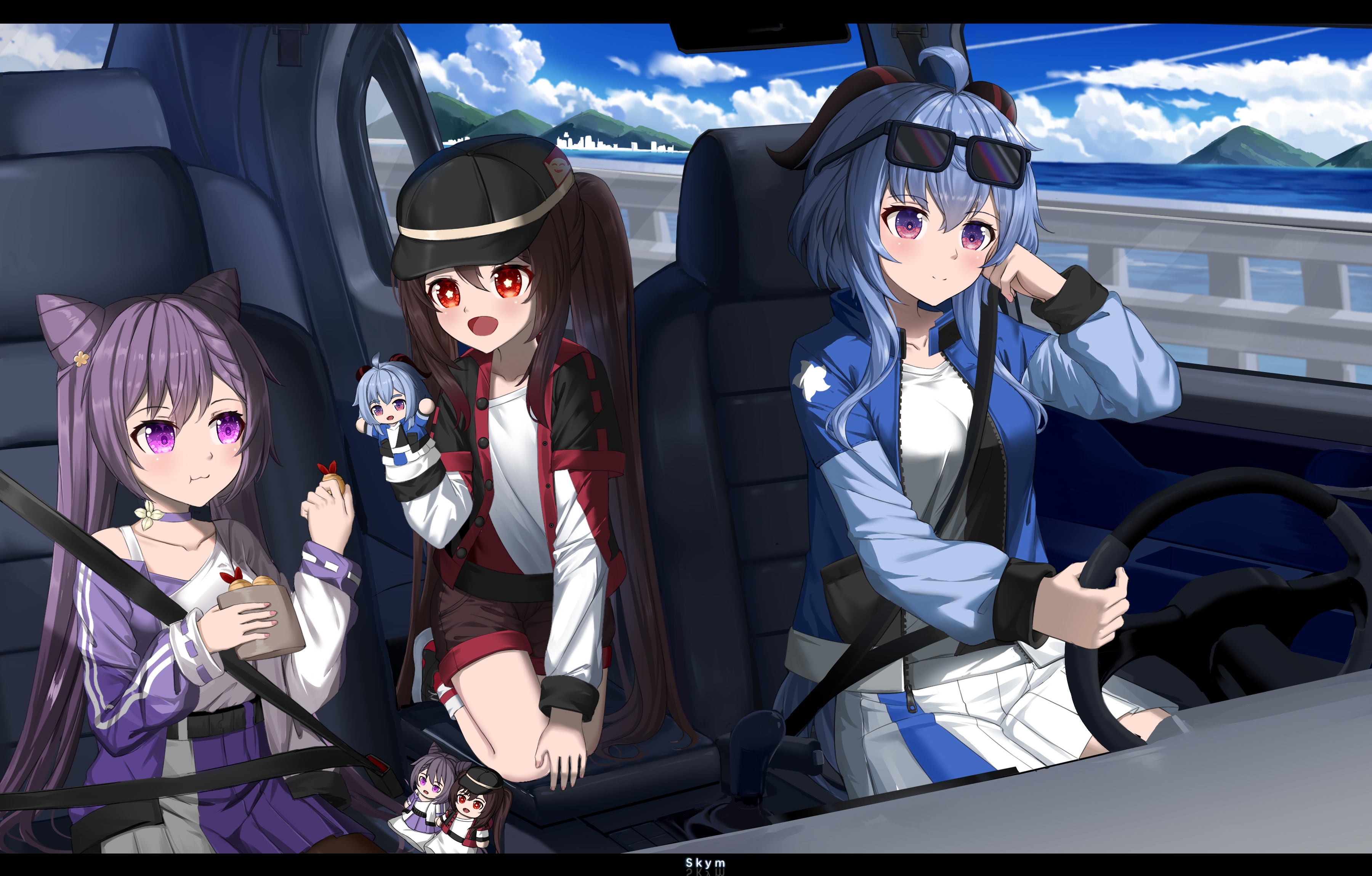 Genshin Impact characters Hu Tao, Ganyu, and Keqing in a car HD Wallpaper
