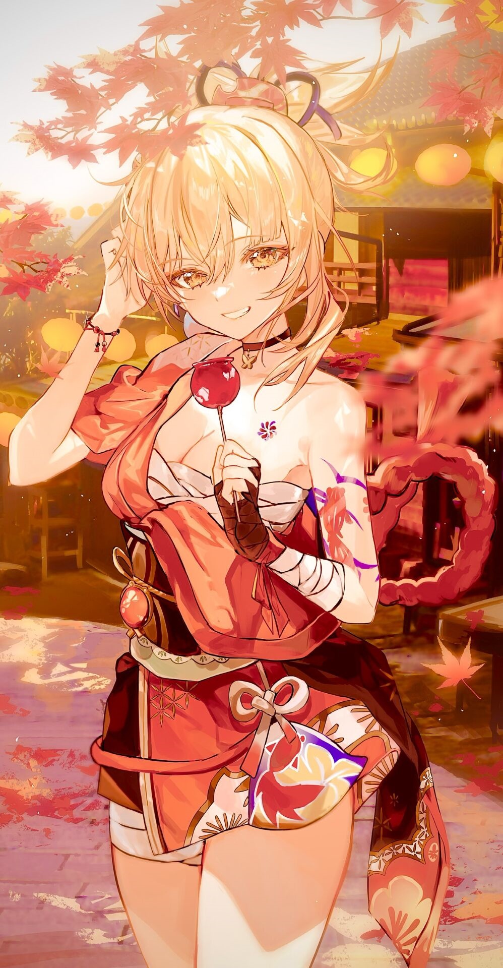 Yoimiya from Genshin Impact holding a candy apple HD Phone Wallpaper