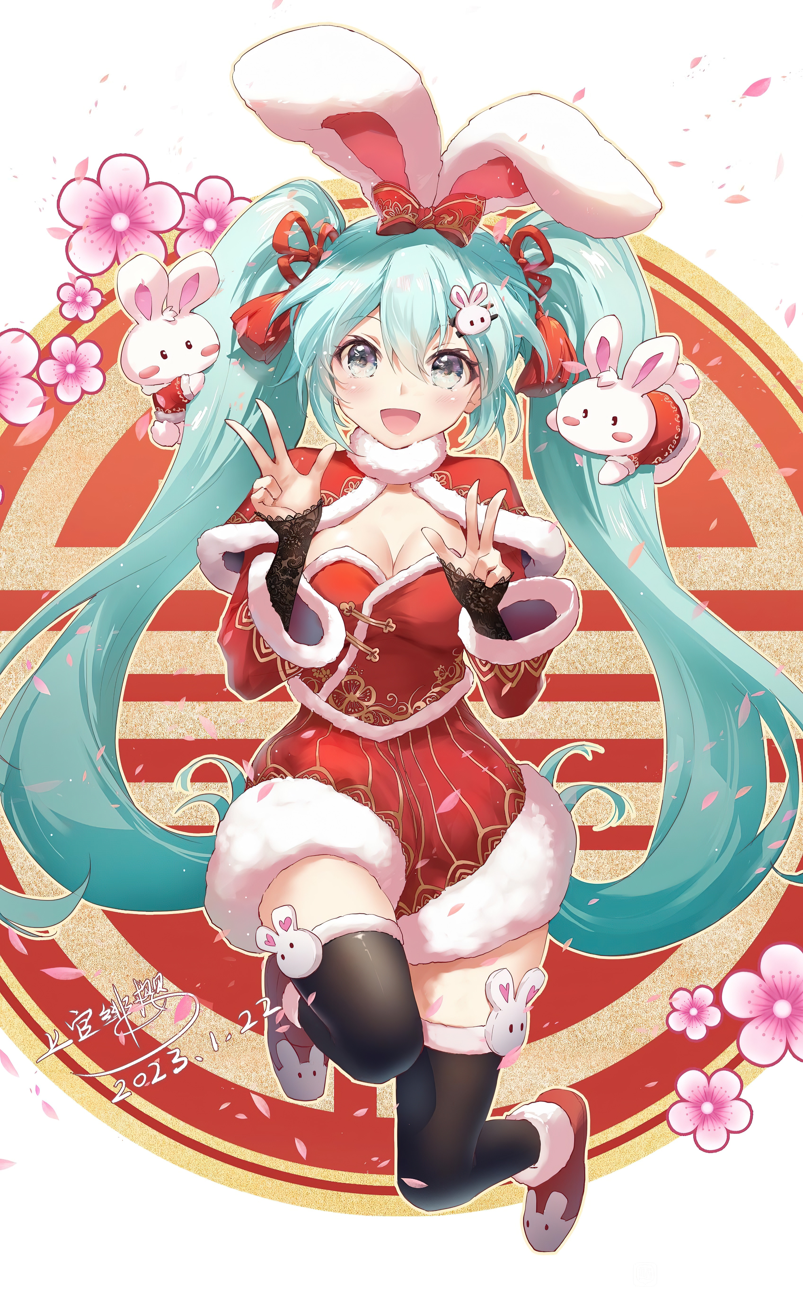 Hatsune Miku in Chinese New Year Outfit with Rabbits HD Phone Wallpaper
