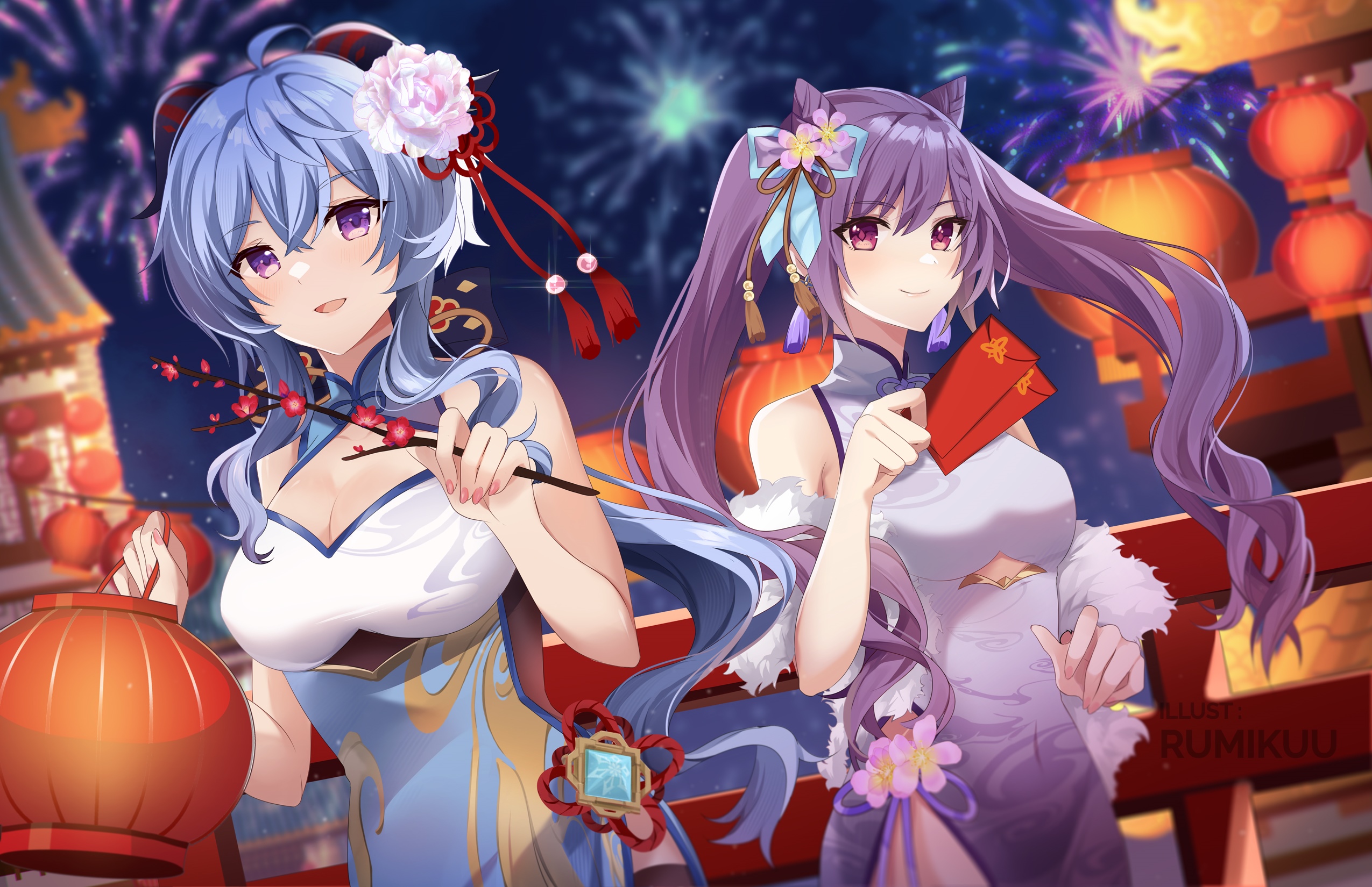 Genshin Impact's Ganyu and Keqing celebrate with lanterns and fireworks HD Wallpaper